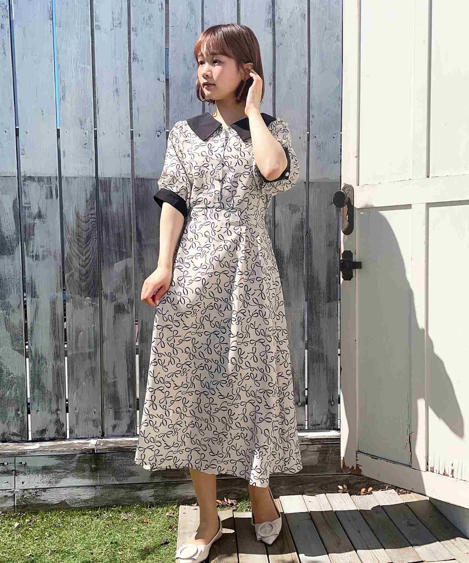 Paravion Online Shop リボン柄レトロワンピース Paravion Online Shop リボン柄レトロワンピース