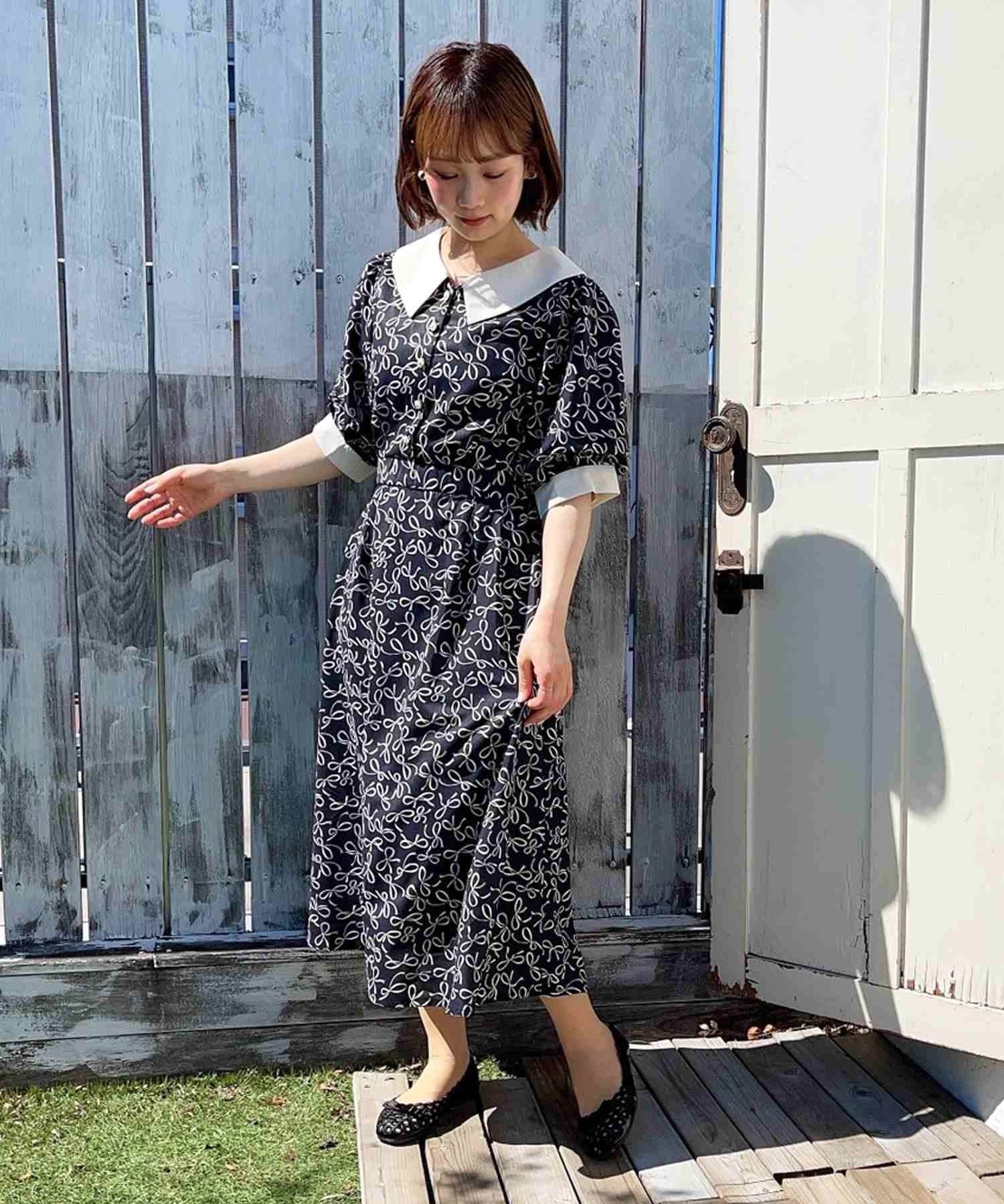 Paravion Online Shop リボン柄レトロワンピース Paravion Online Shop リボン柄レトロワンピース