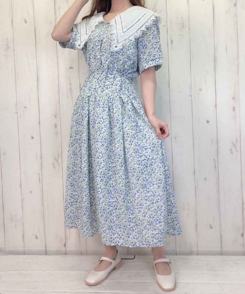 Paravion Online Shop レース白襟花柄ワンピース Paravion Online Shop レース白襟花柄ワンピース