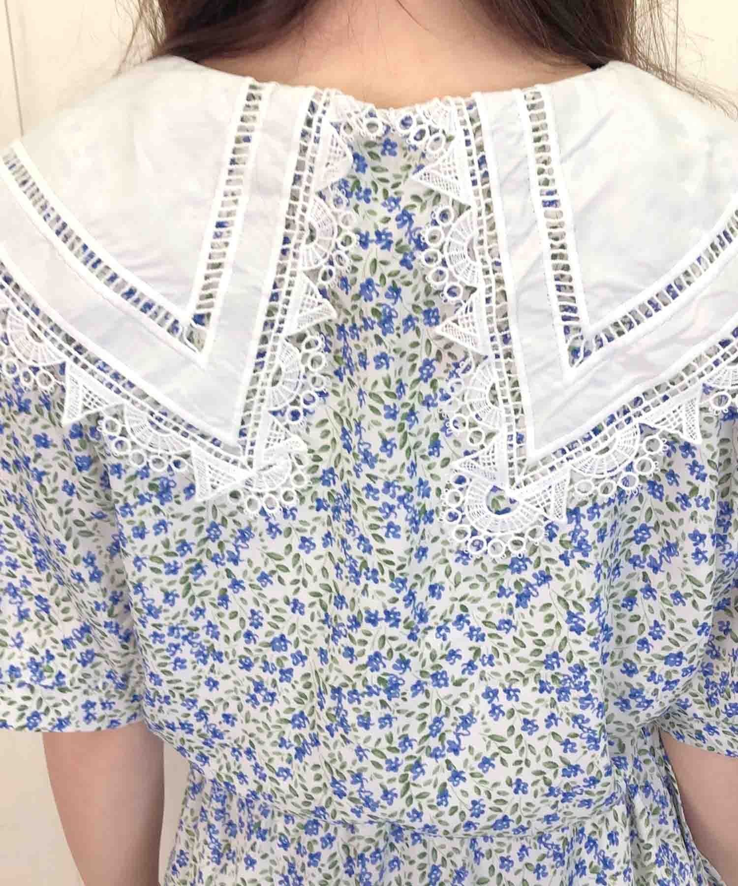 Paravion Online Shop レース白襟花柄ワンピース Paravion Online Shop レース白襟花柄ワンピース