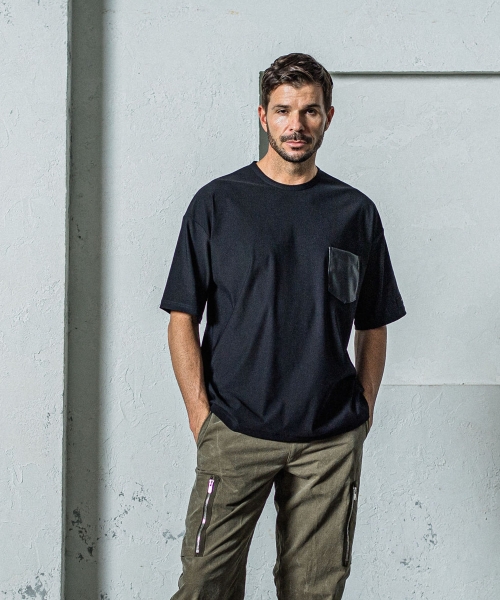 leather pocket overnylon T