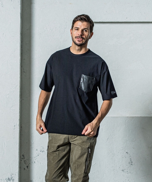 leather pocket overnylon T