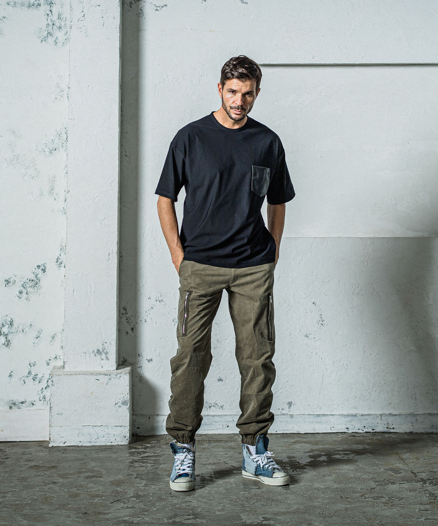 leather pocket overnylon T