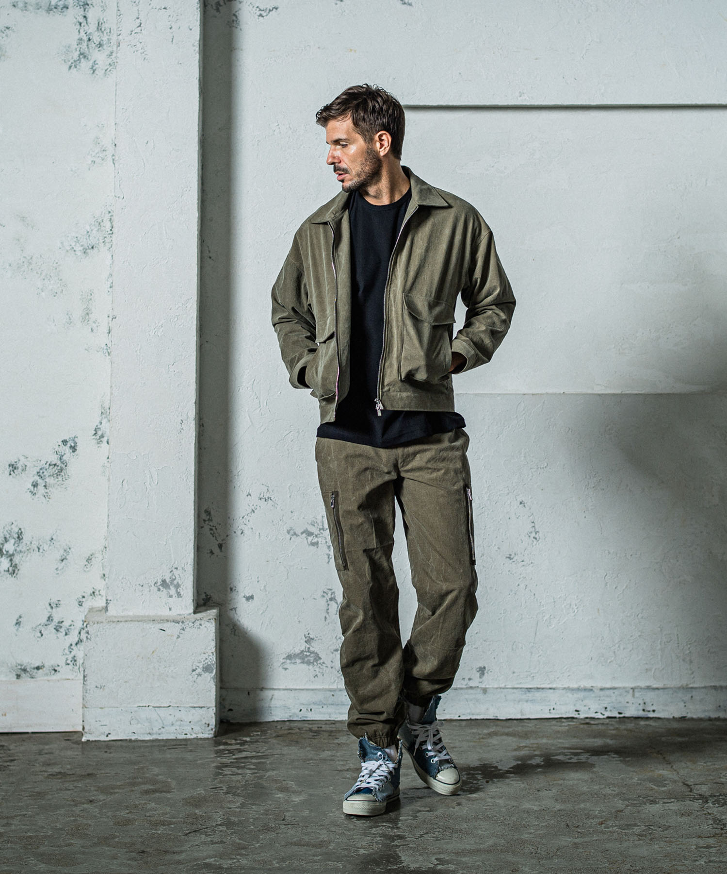 leather pocket overnylon T