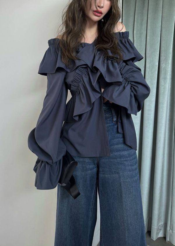 ウィルフリー asymmetry frill v neck washing BL ウィルフリー asymmetry frill v neck washing BL