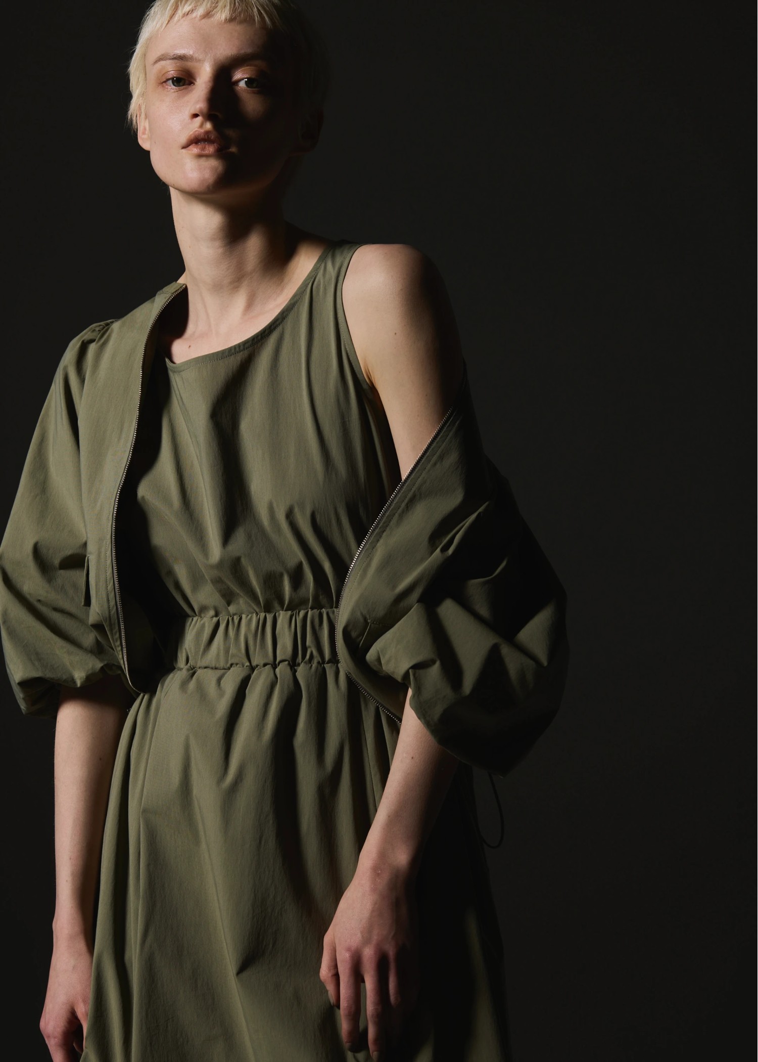 balloon sleeve drawstring zip tops