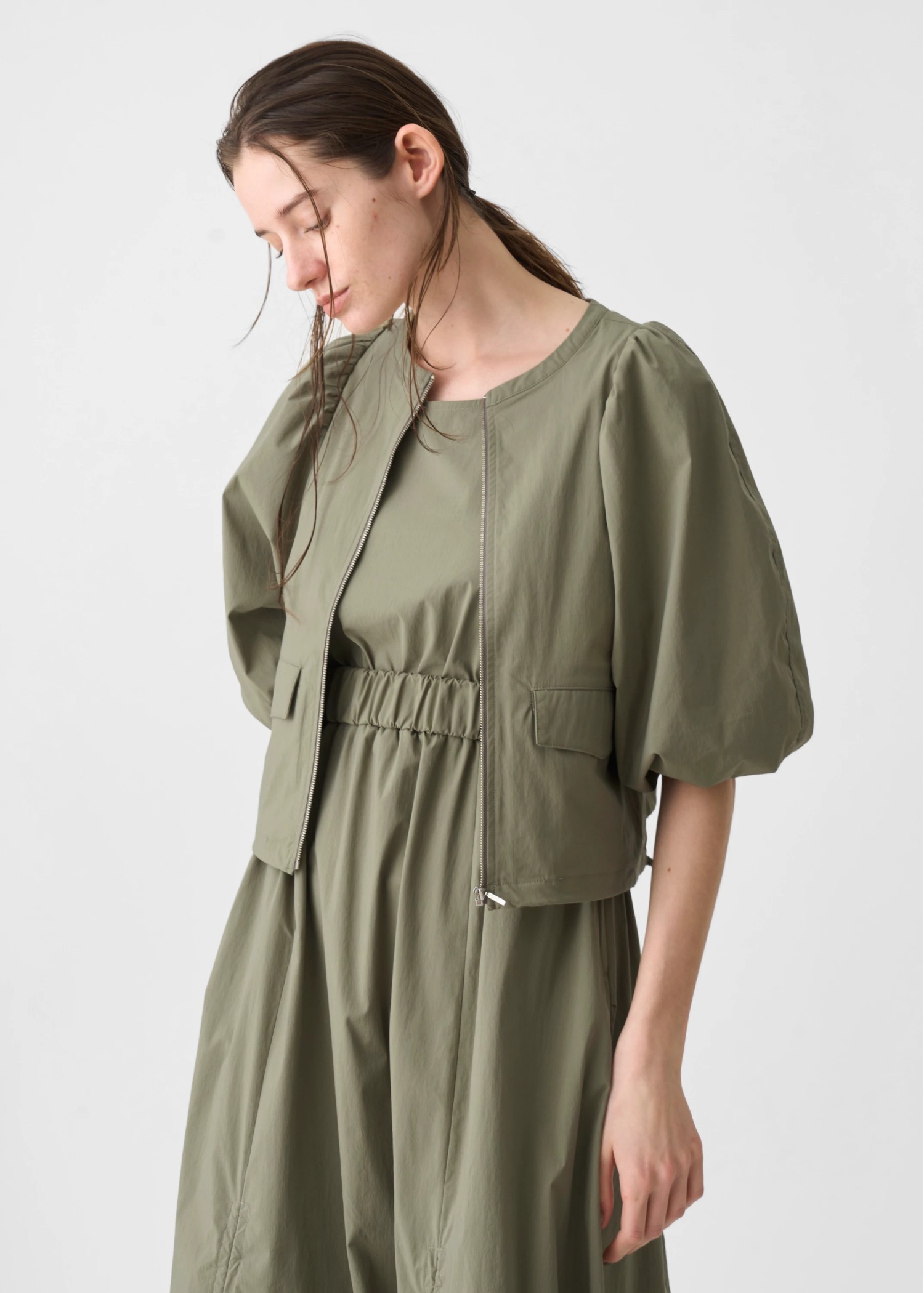 balloon sleeve drawstring zip tops