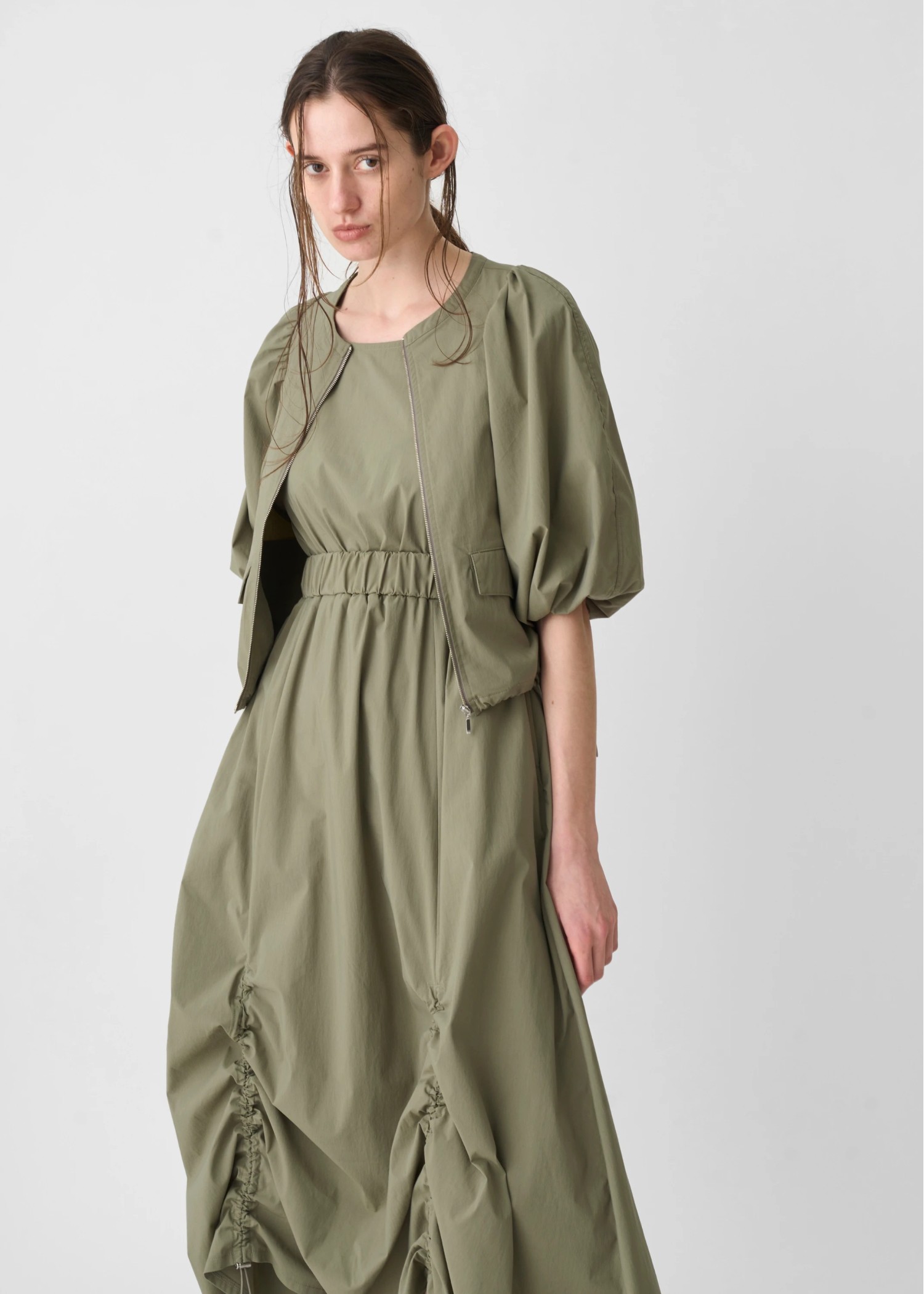 balloon sleeve drawstring zip tops