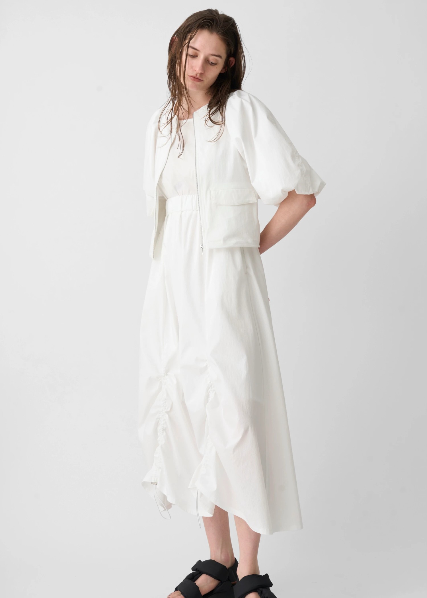 balloon sleeve drawstring zip tops