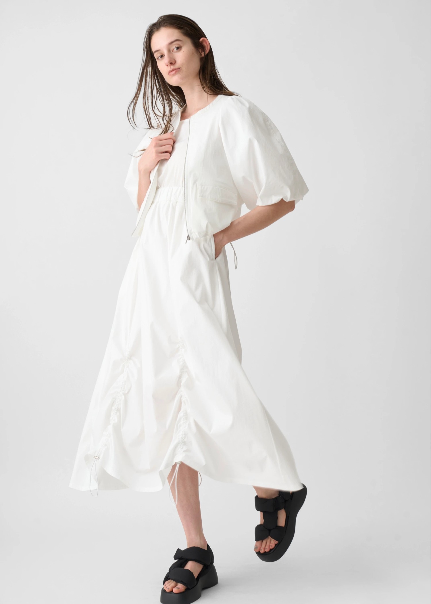 balloon sleeve drawstring zip tops