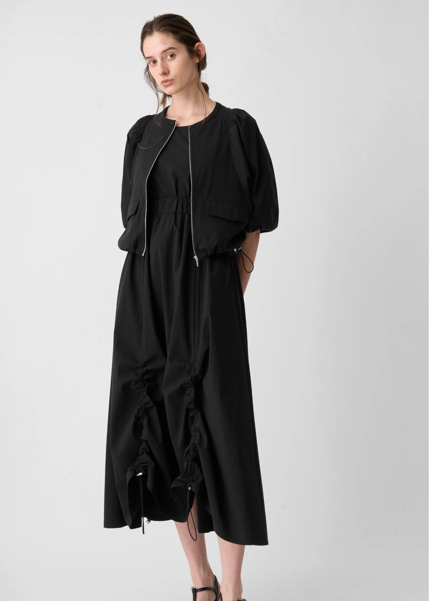 balloon sleeve drawstring zip tops