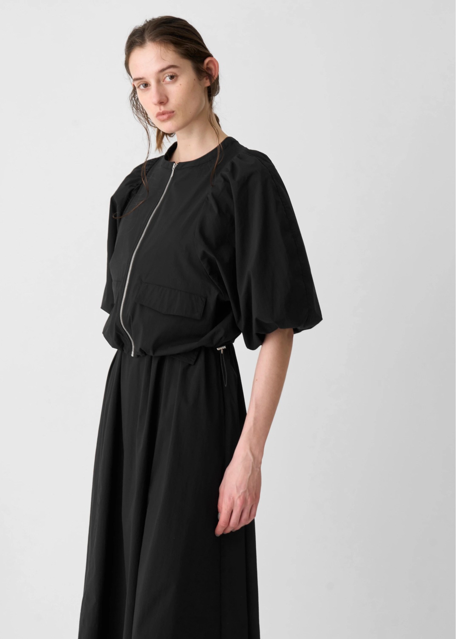 balloon sleeve drawstring zip tops