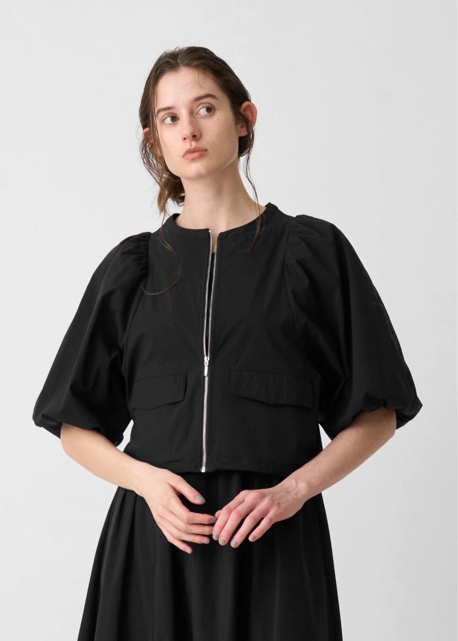 balloon sleeve drawstring zip tops