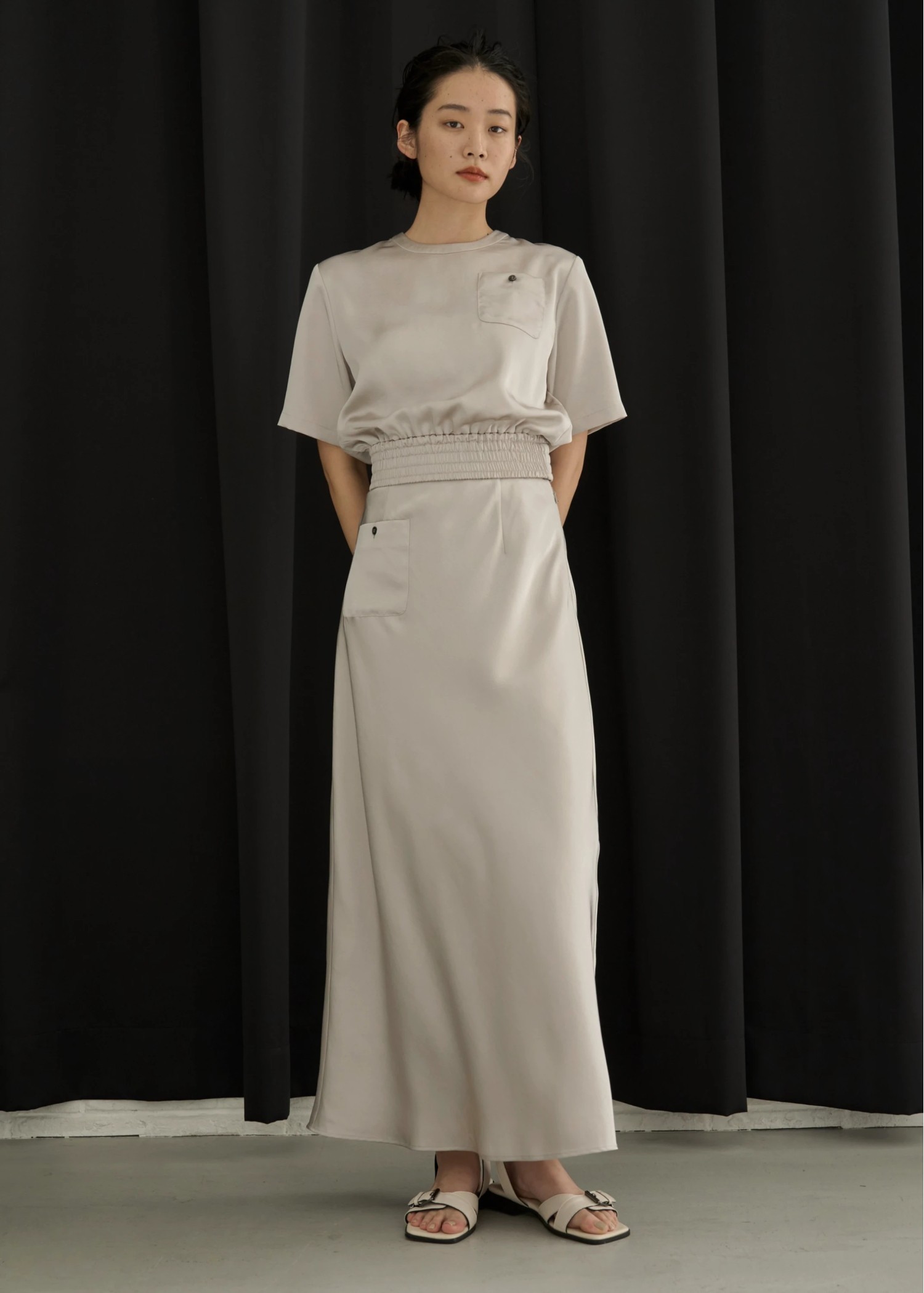 patch pocket mat satin waist shirring tops