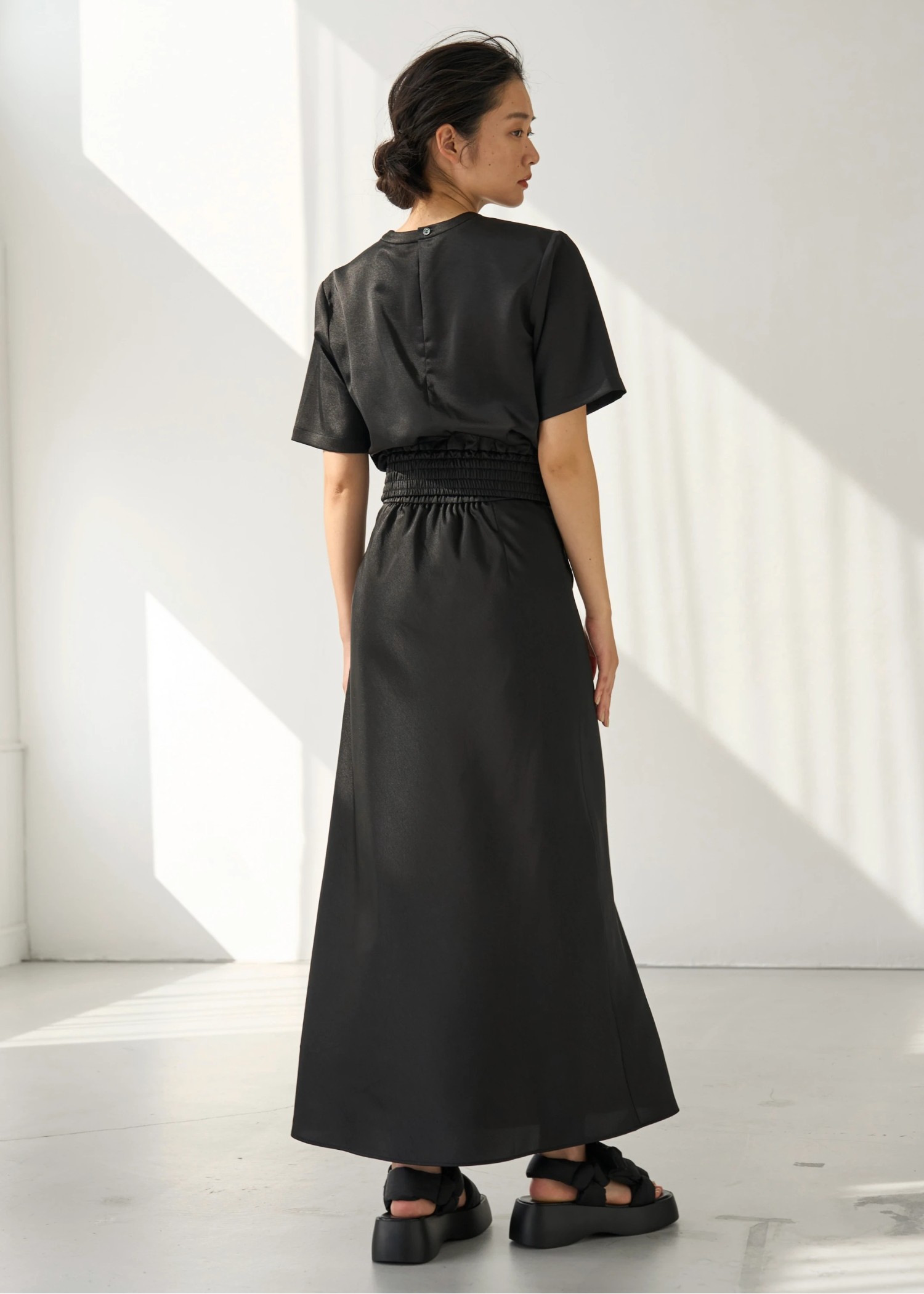 patch pocket mat satin waist shirring tops