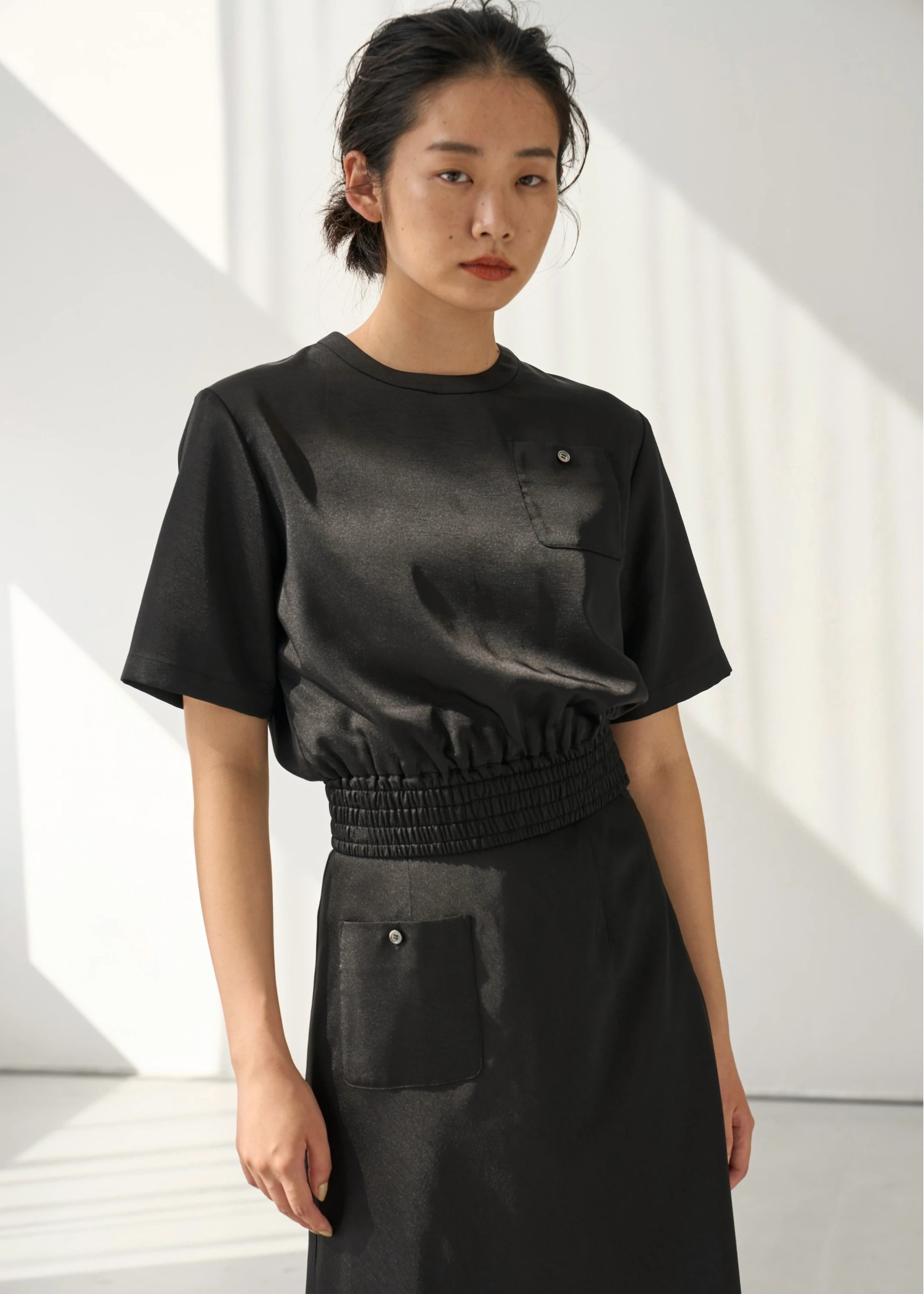 patch pocket mat satin waist shirring tops