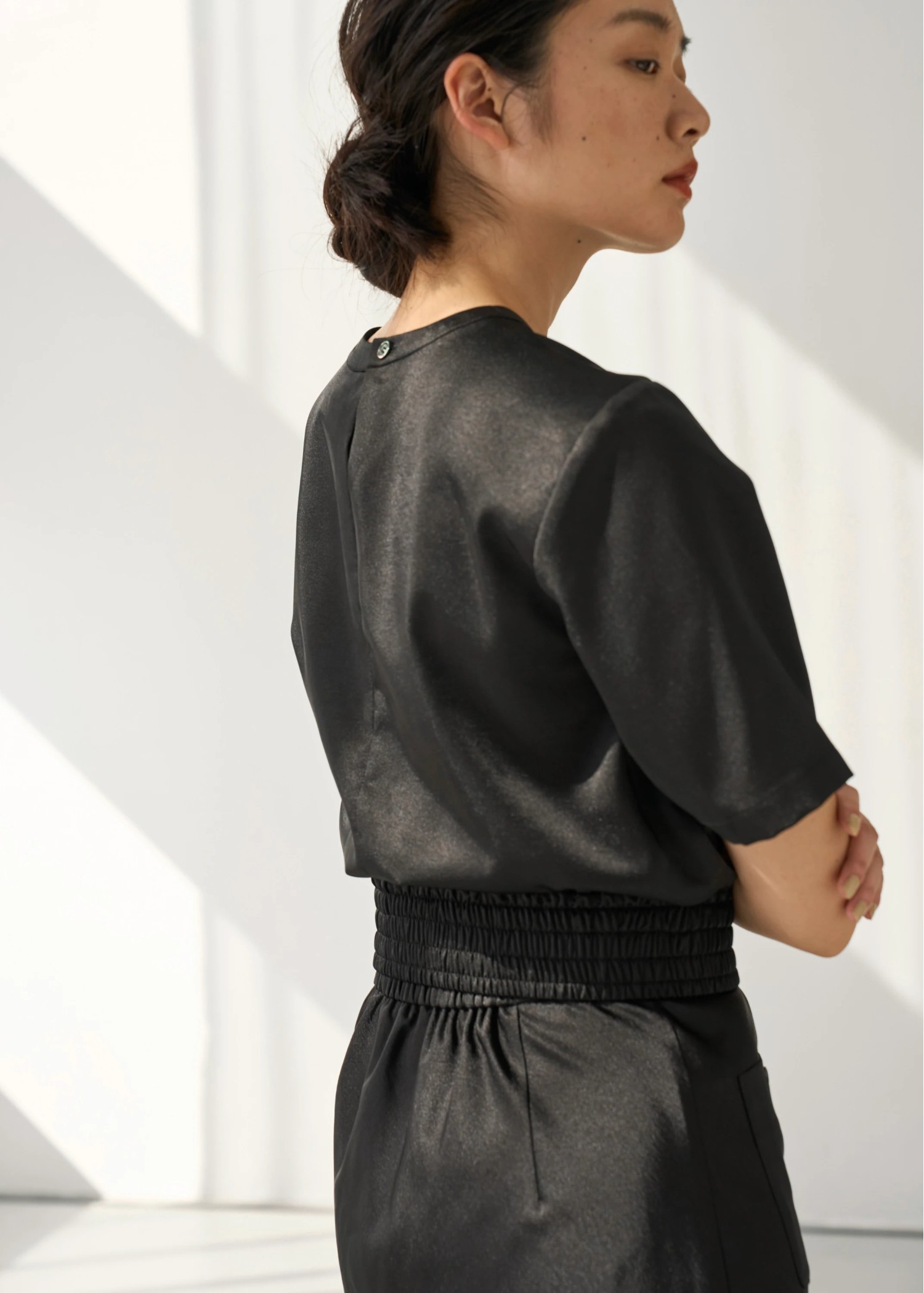 patch pocket mat satin waist shirring tops