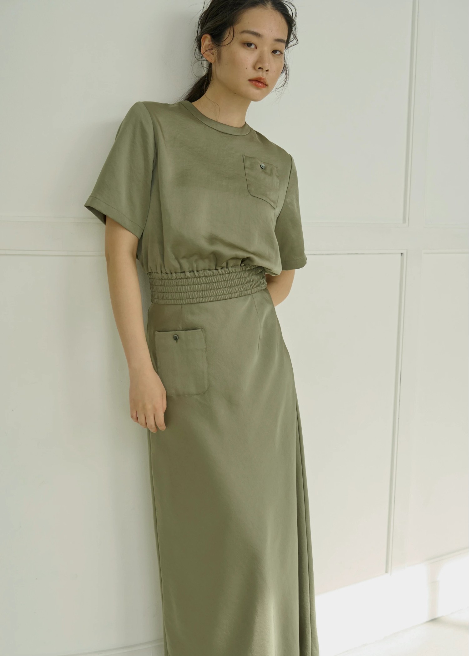 patch pocket mat satin waist shirring tops