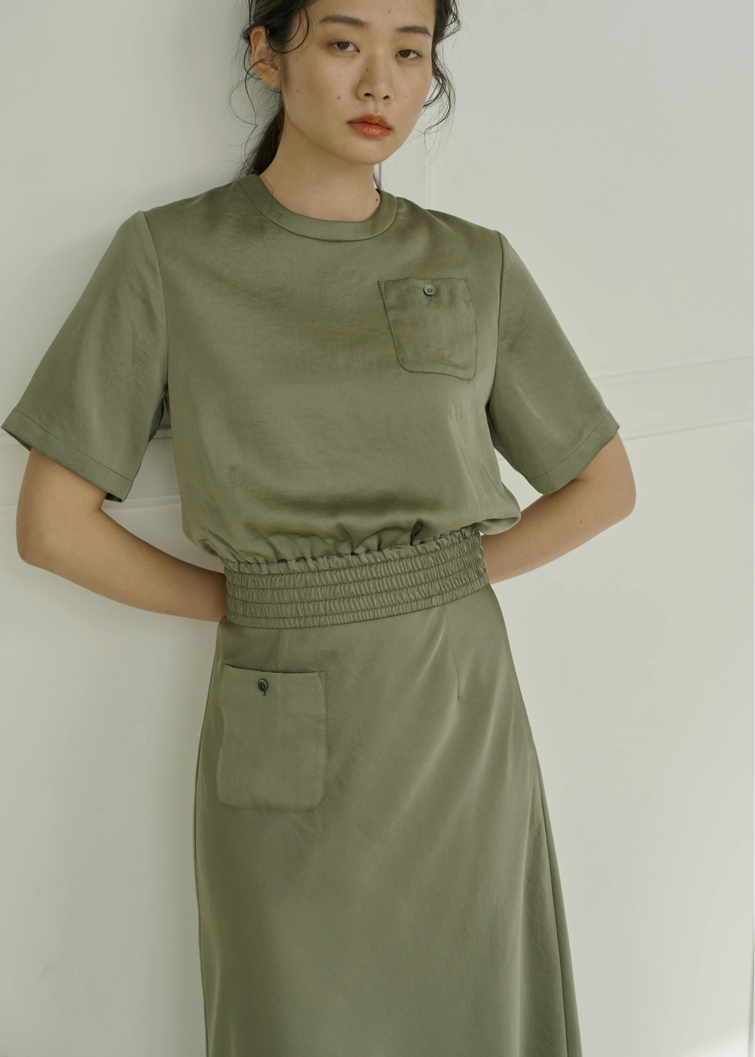 patch pocket mat satin waist shirring tops