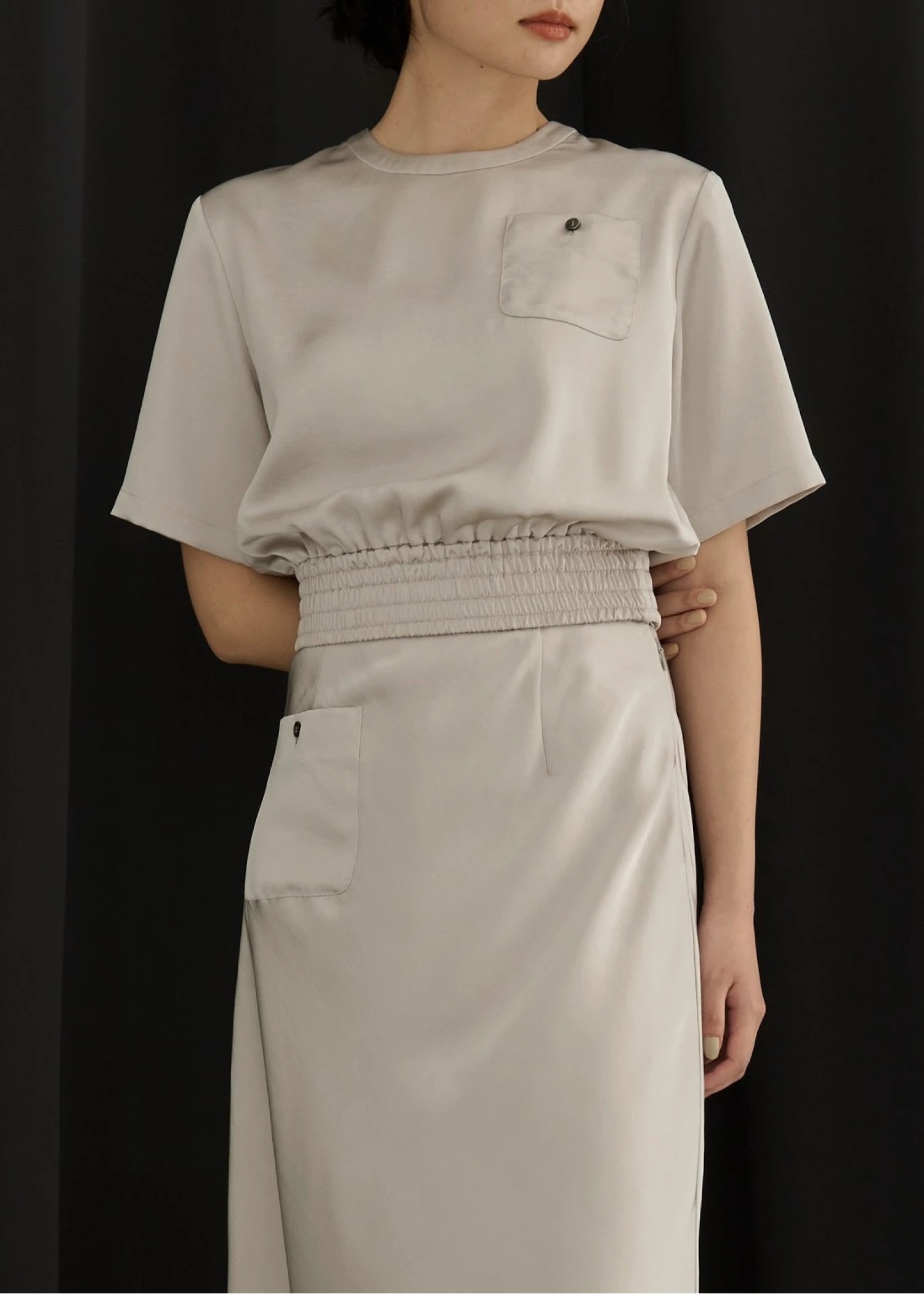 patch pocket mat satin waist shirring tops