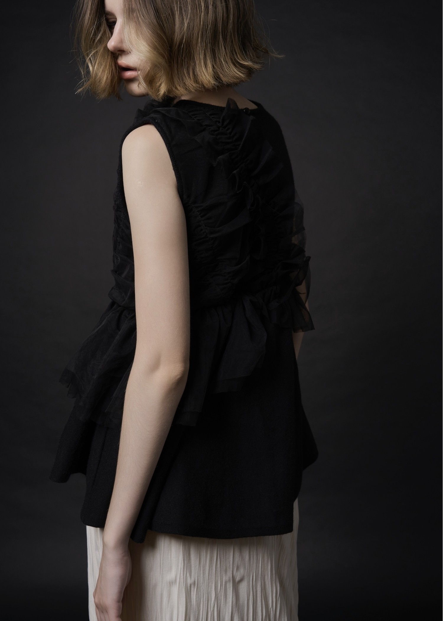 freely gather frill tulle combination no sleeve knit