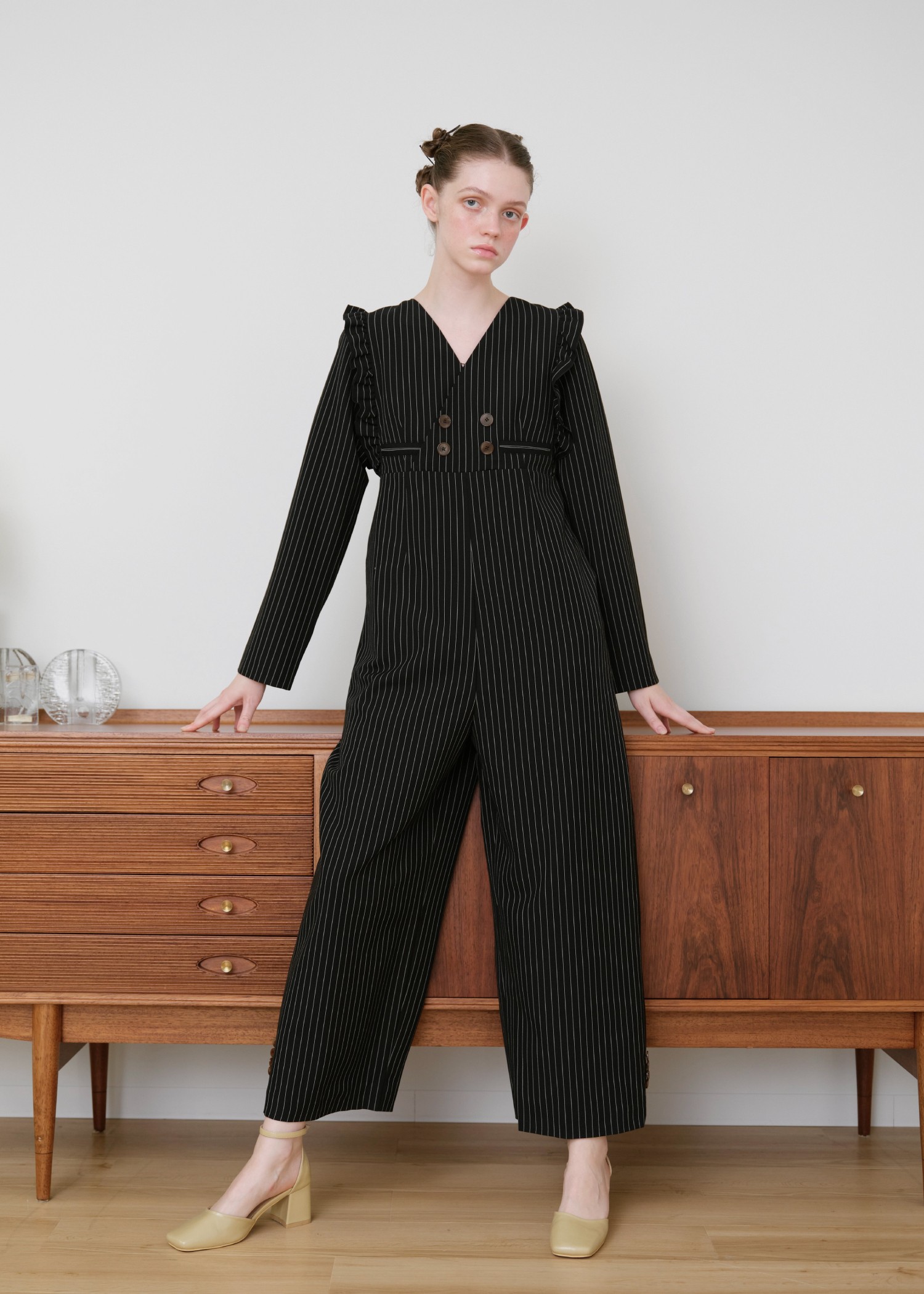 frill shoulder stripe ribbon tie all-in-one