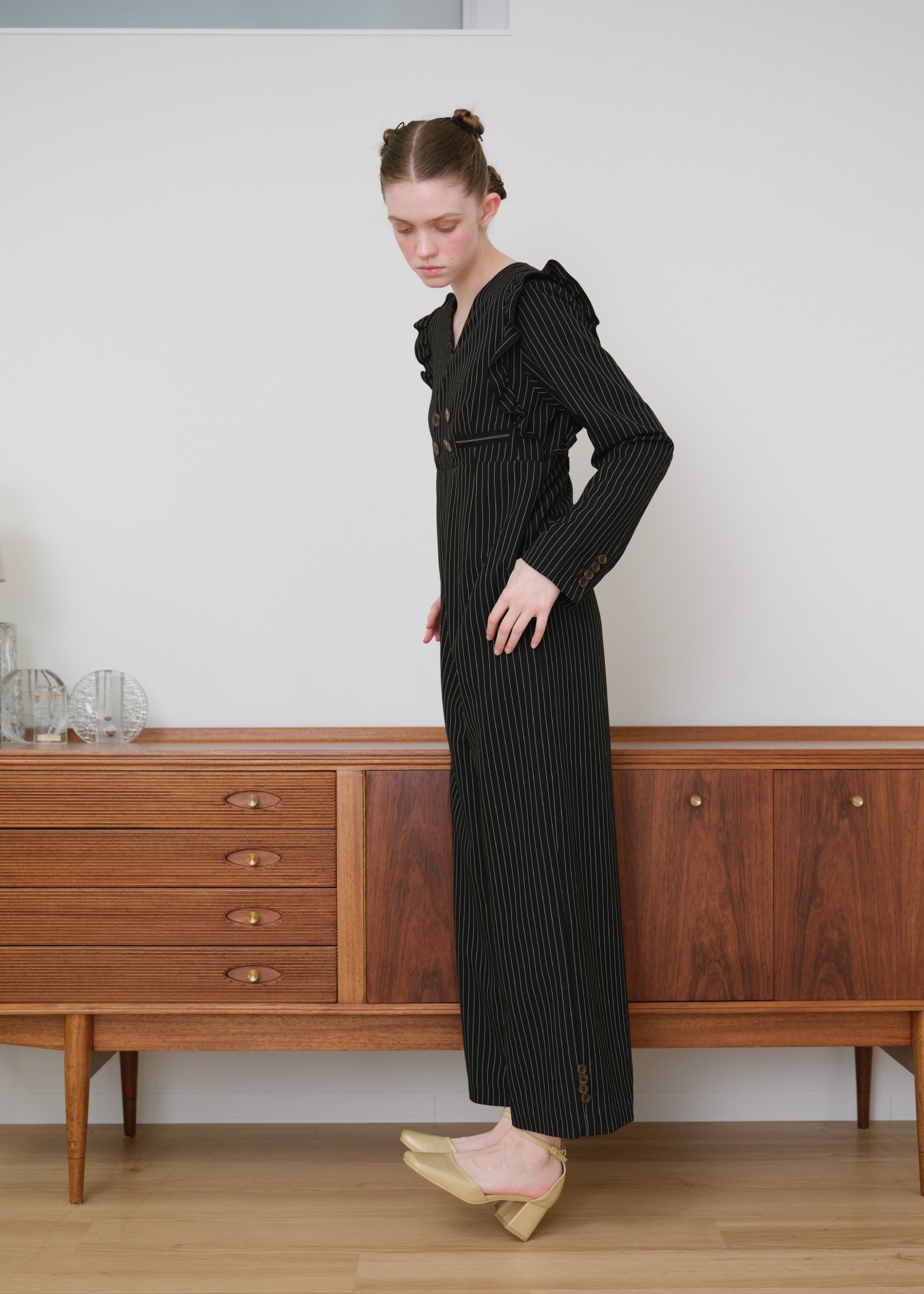 frill shoulder stripe ribbon tie all-in-one