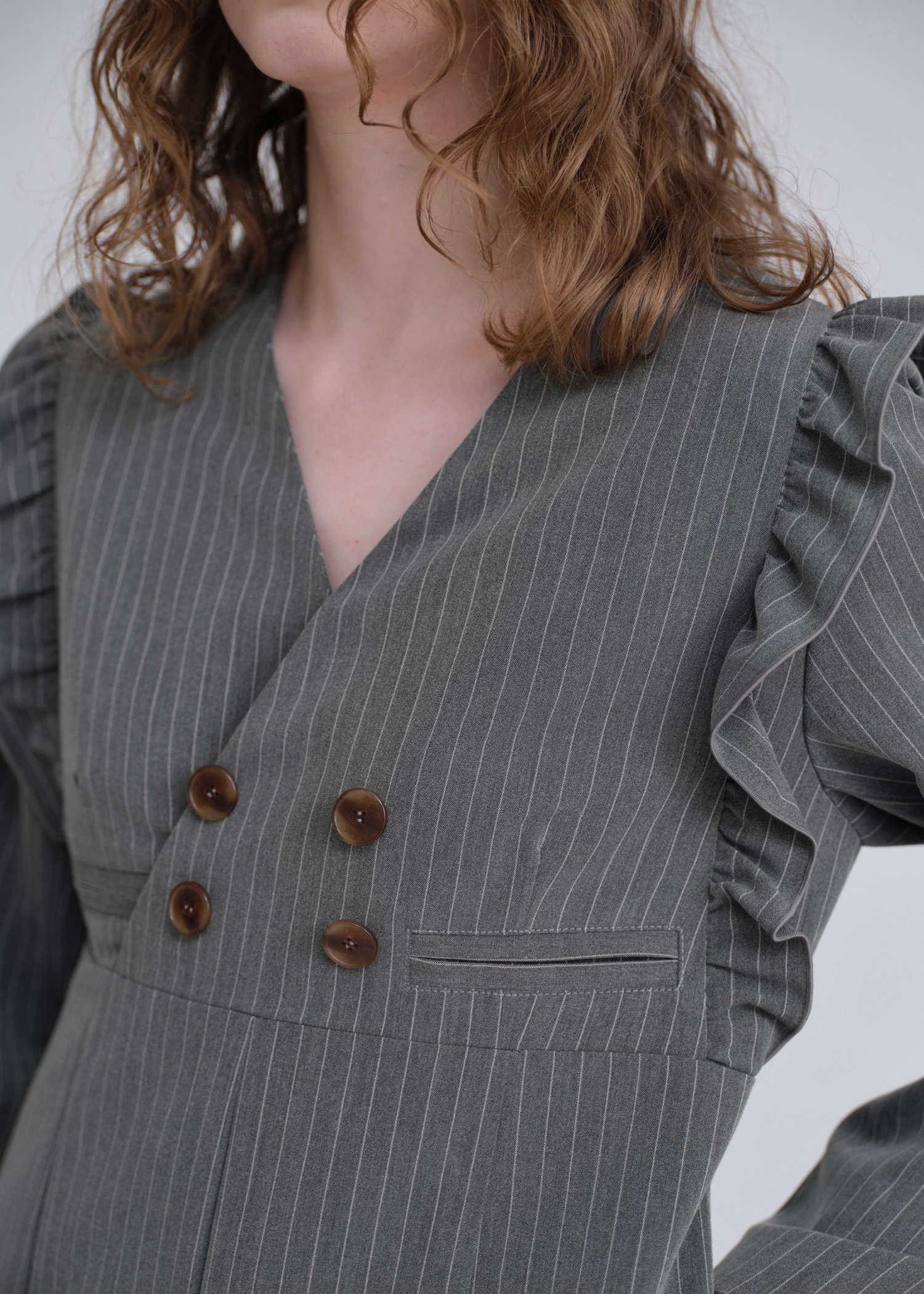 frill shoulder stripe ribbon tie all-in-one