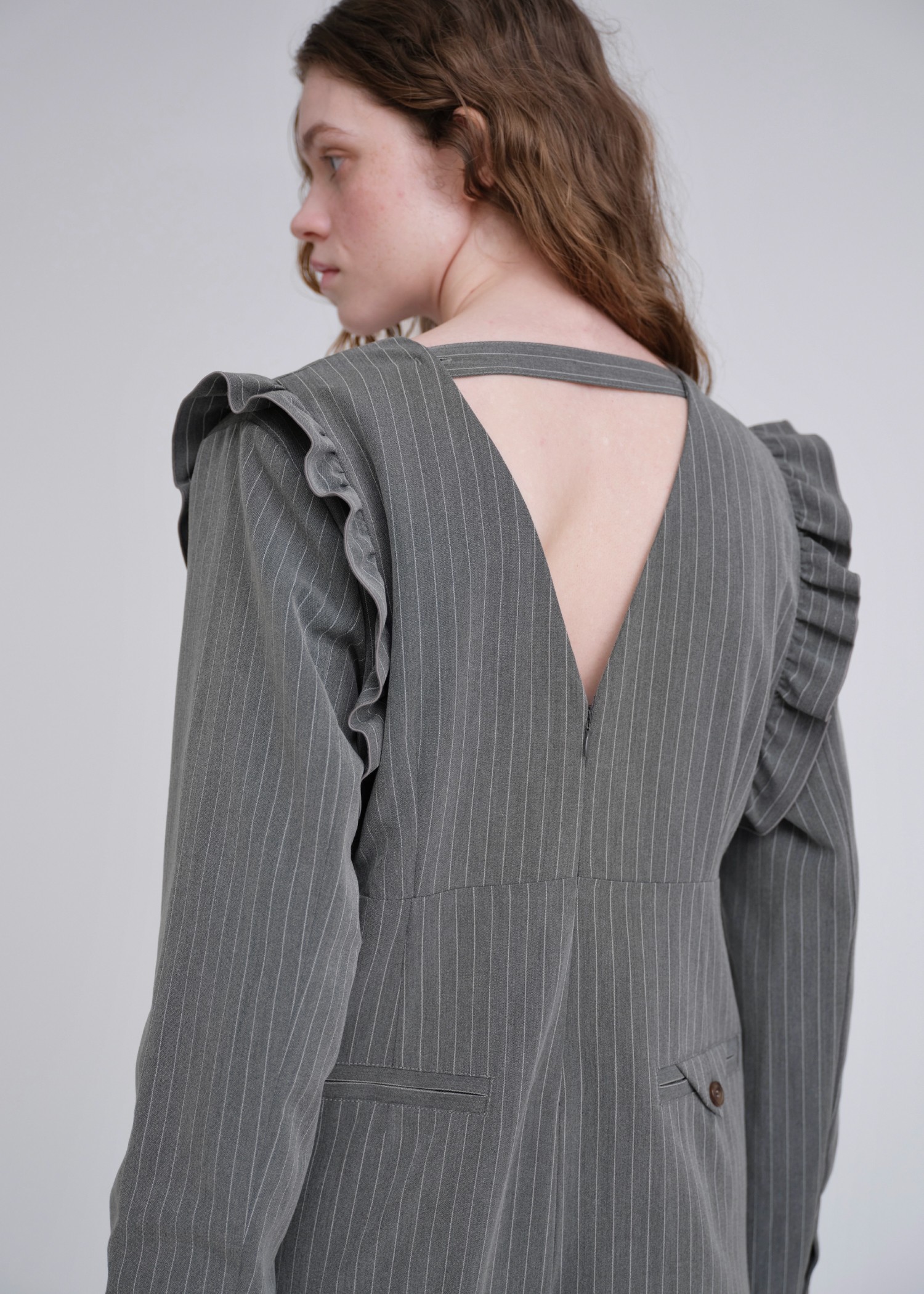 frill shoulder stripe ribbon tie all-in-one