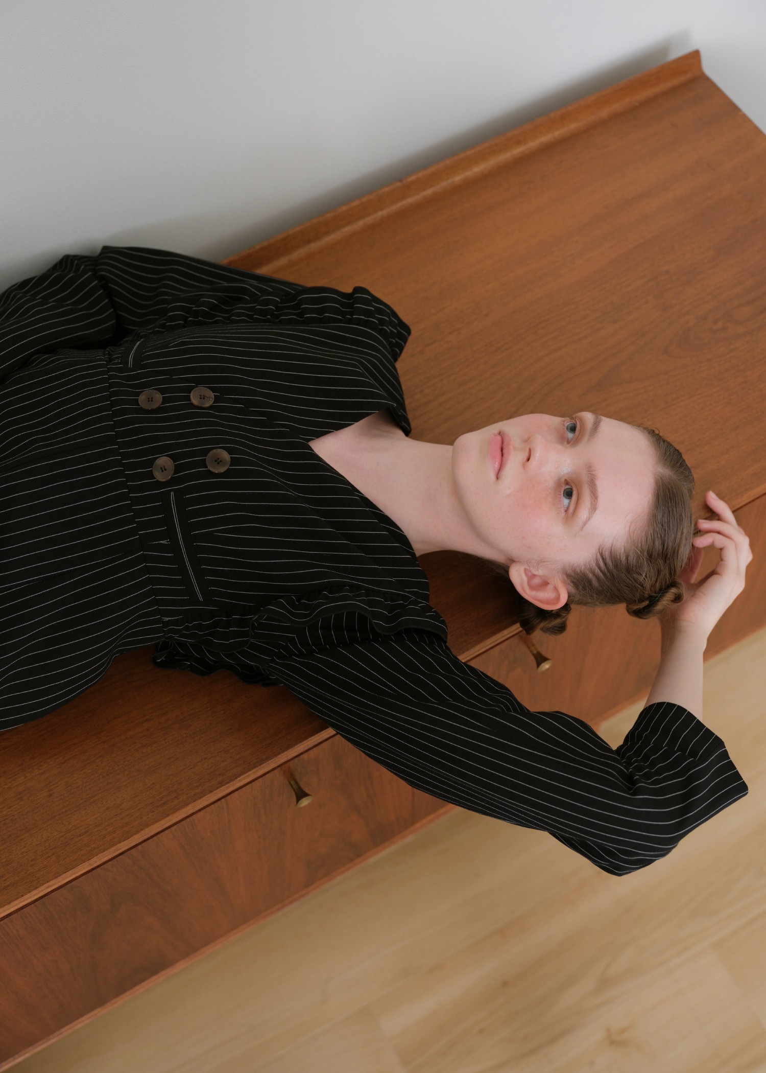 frill shoulder stripe ribbon tie all-in-one