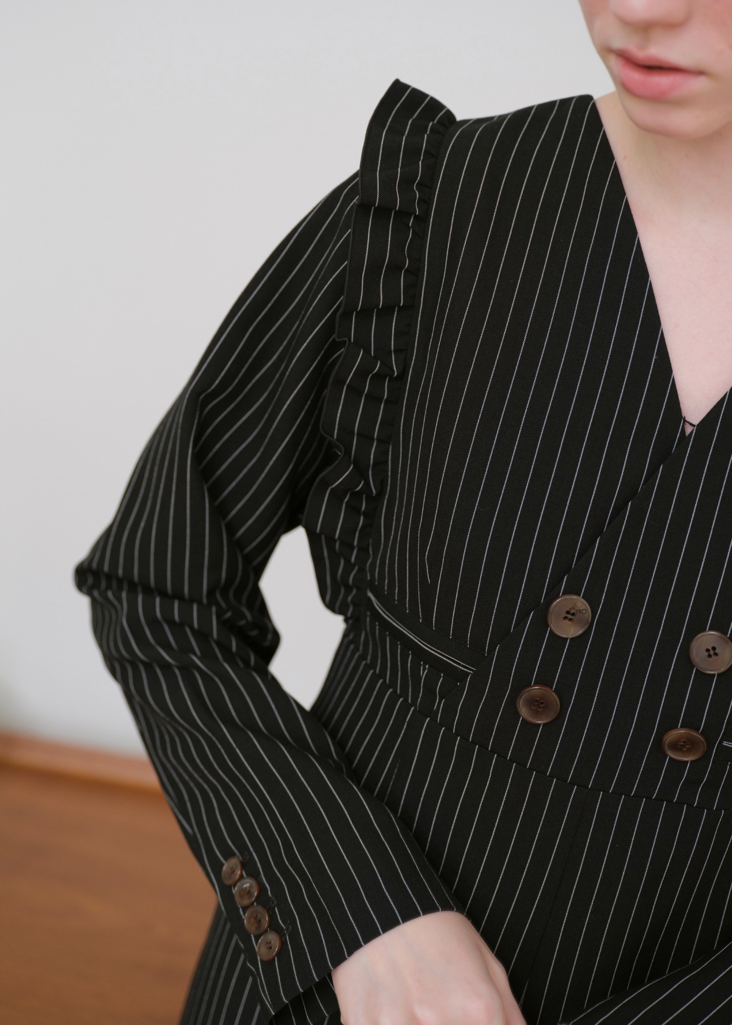 frill shoulder stripe ribbon tie all-in-one