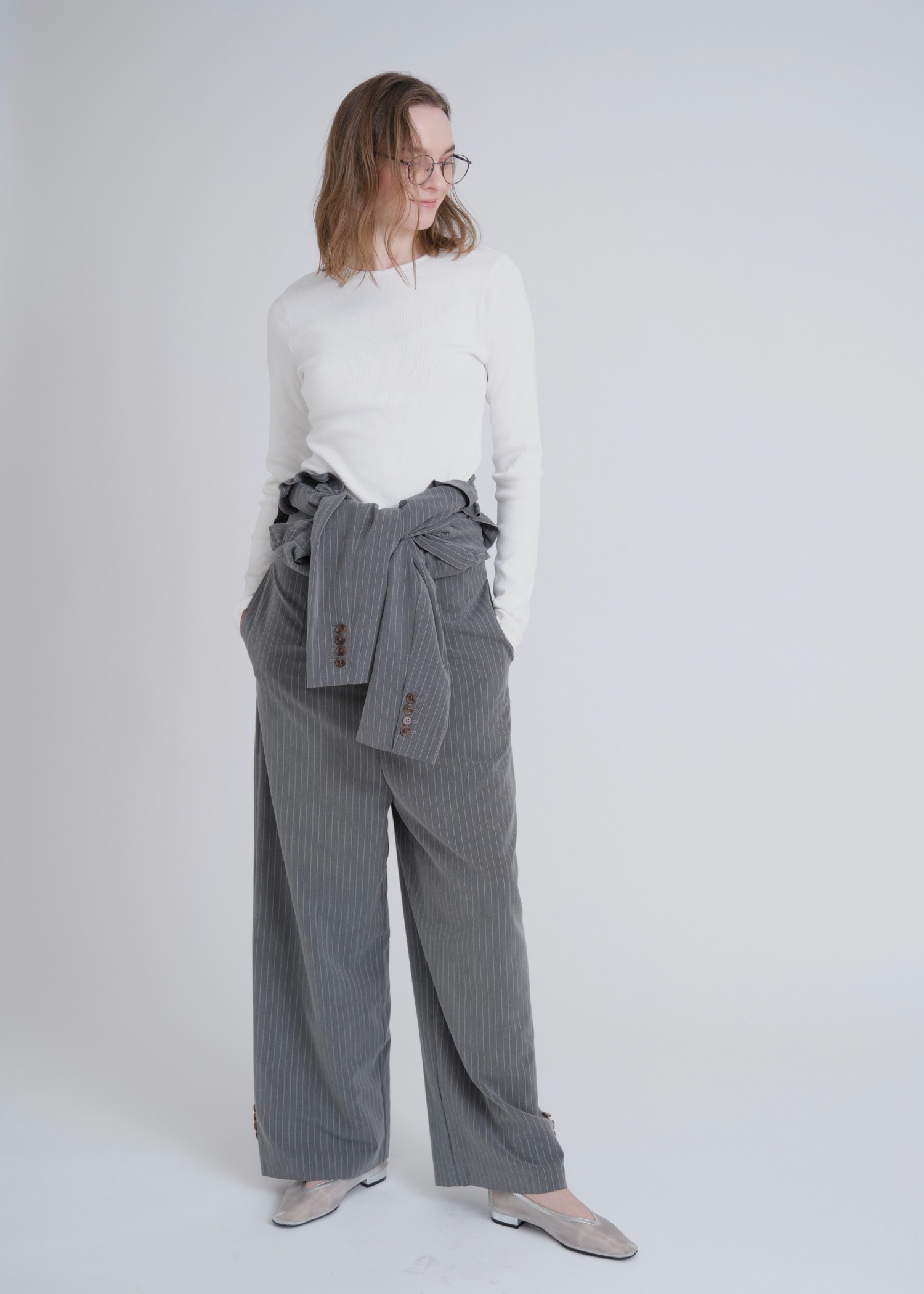 frill shoulder stripe ribbon tie all-in-one