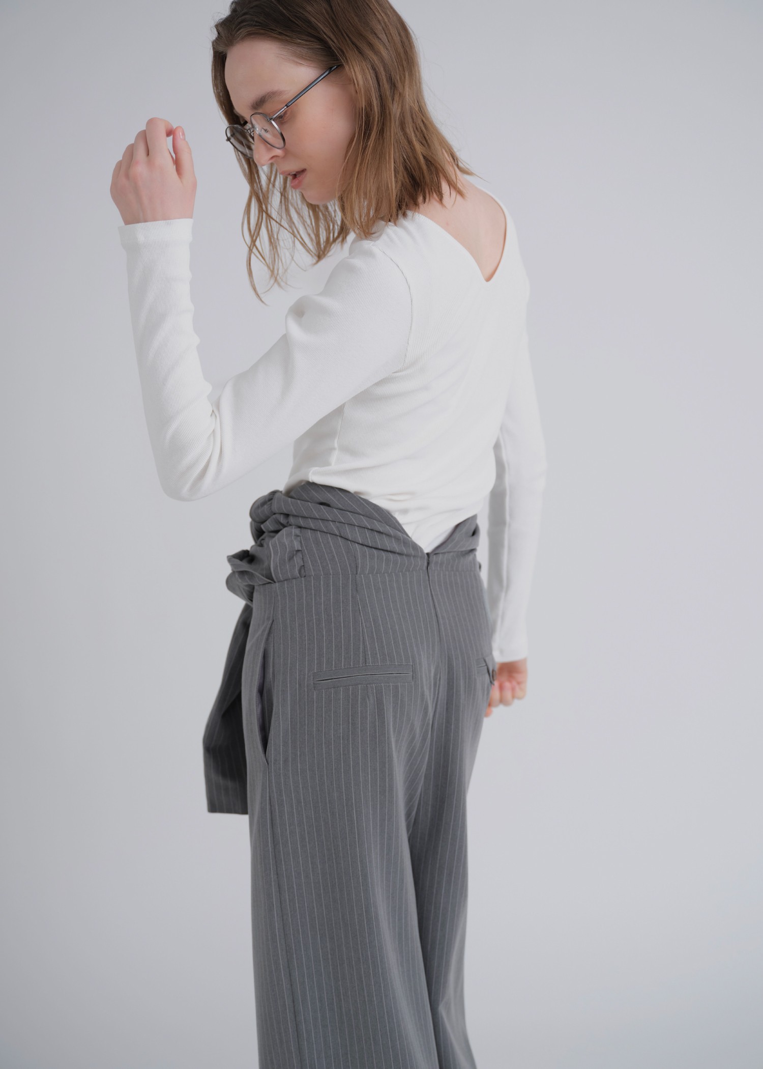 frill shoulder stripe ribbon tie all-in-one