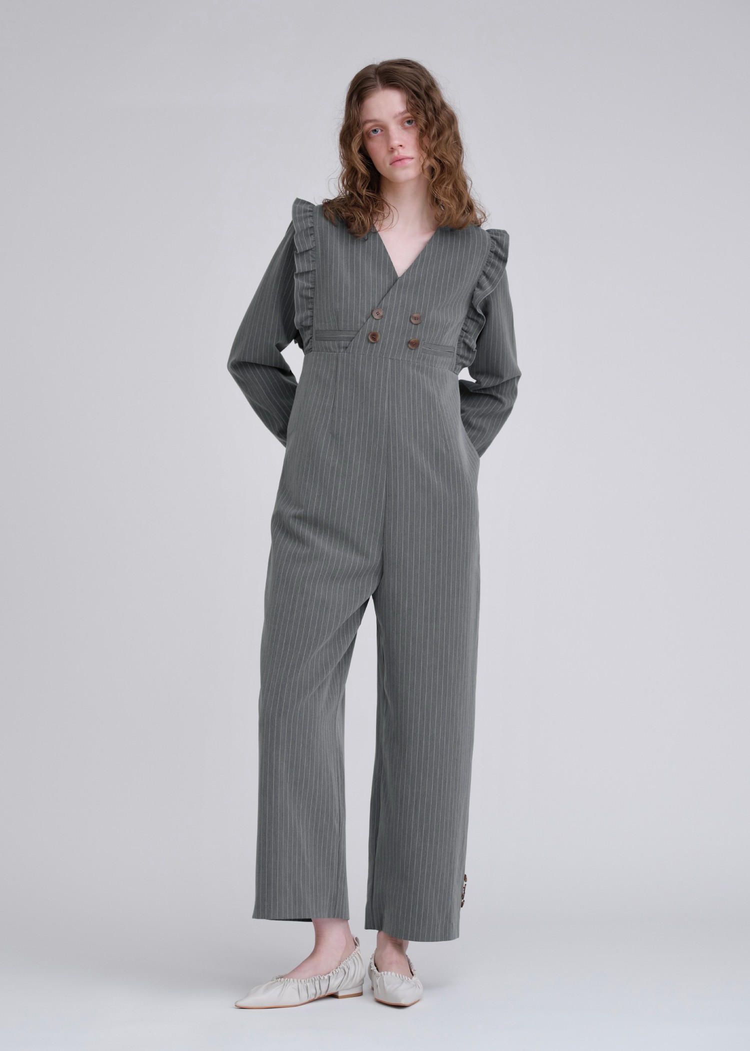 frill shoulder stripe ribbon tie all-in-one