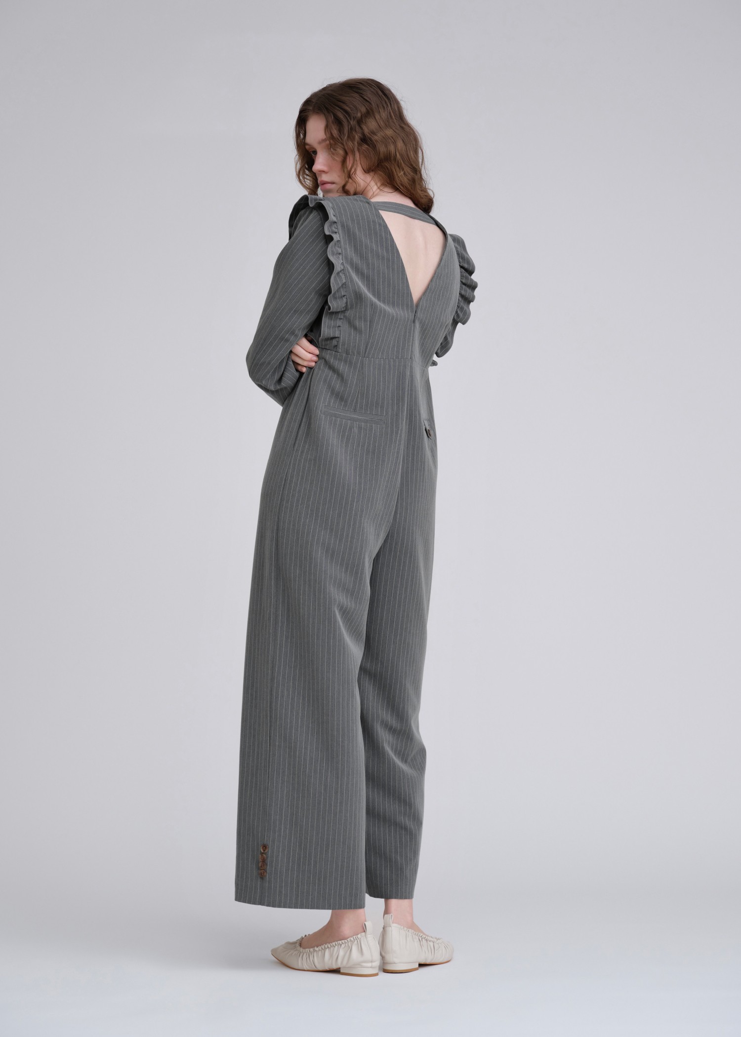 frill shoulder stripe ribbon tie all-in-one