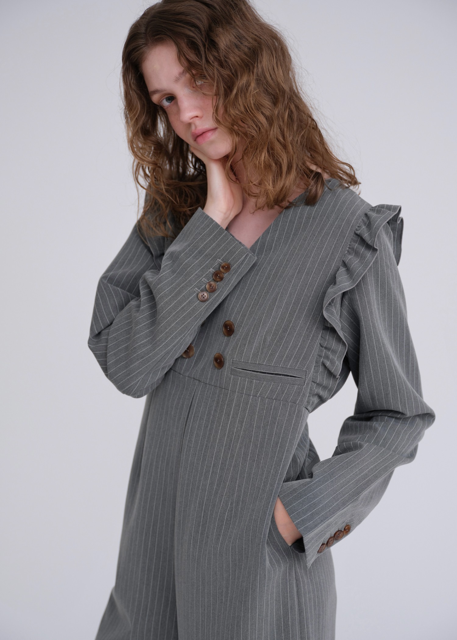 frill shoulder stripe ribbon tie all-in-one