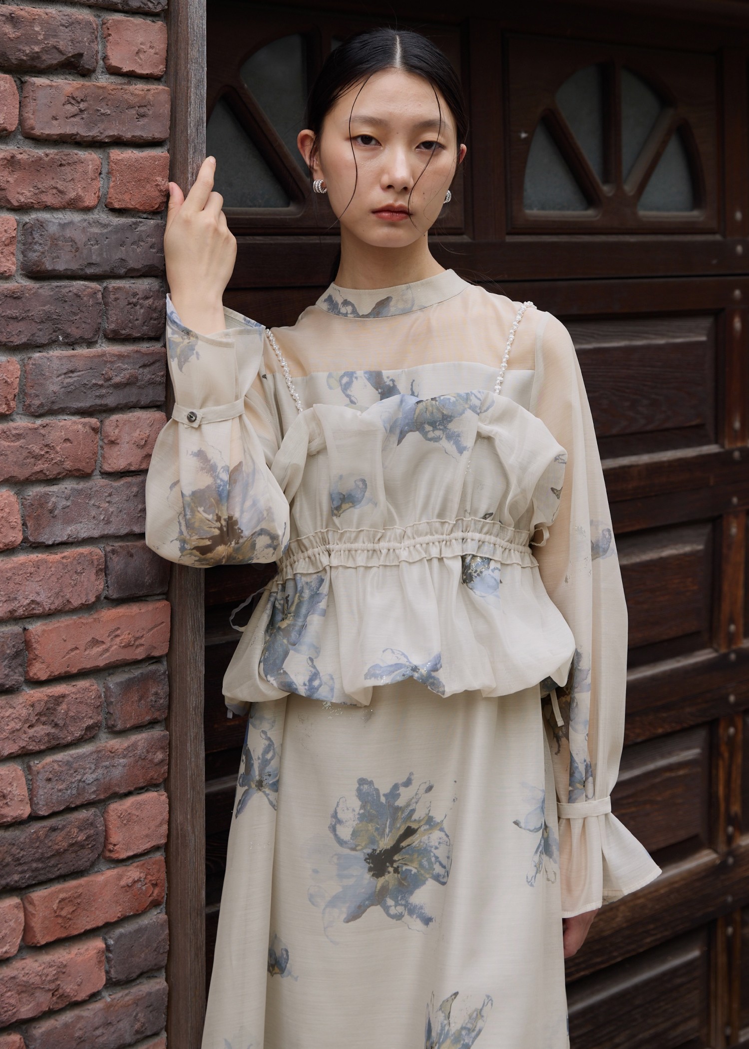 pearl shoulder camisole set original big flower print OP