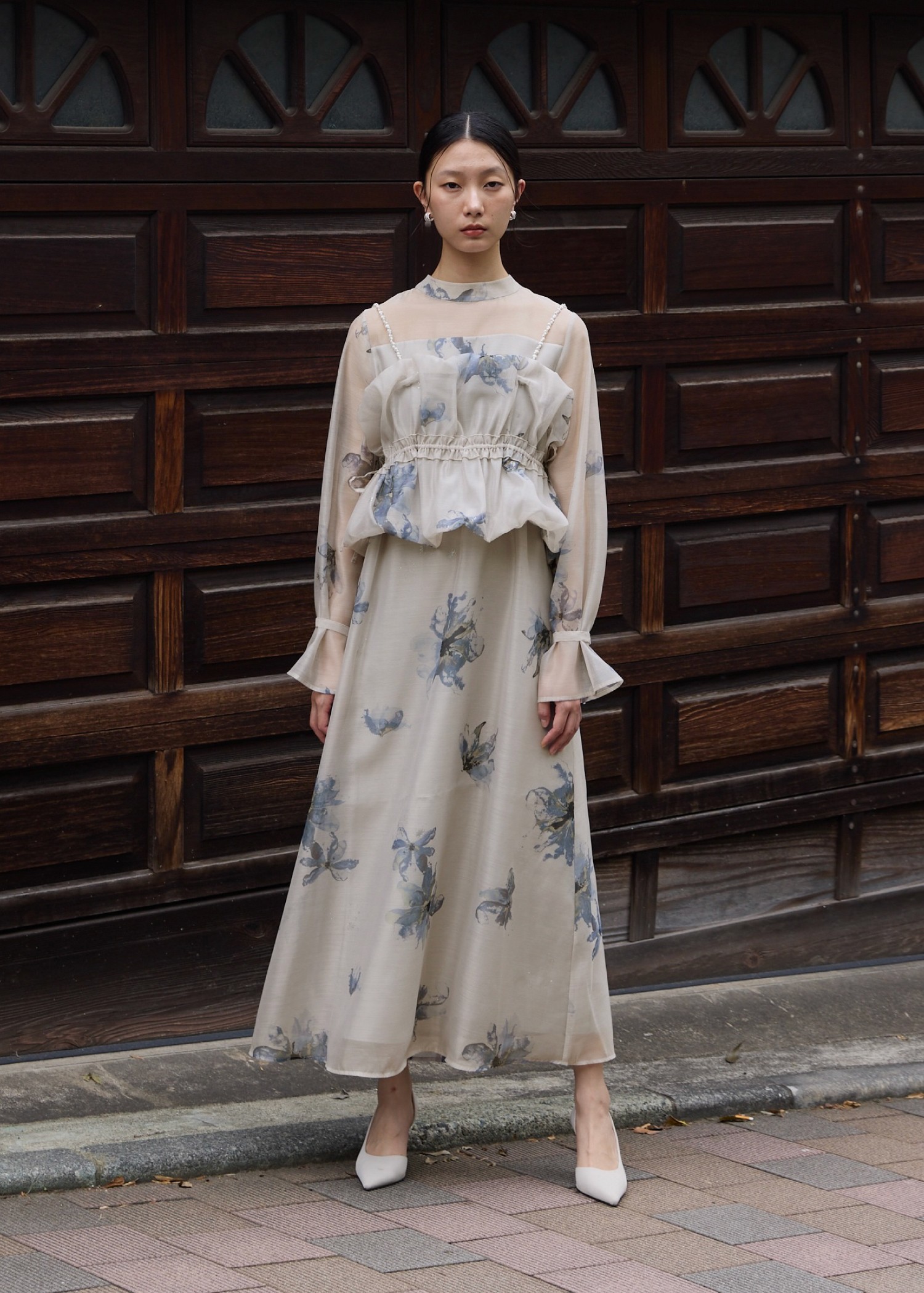 pearl shoulder camisole set original big flower print OP