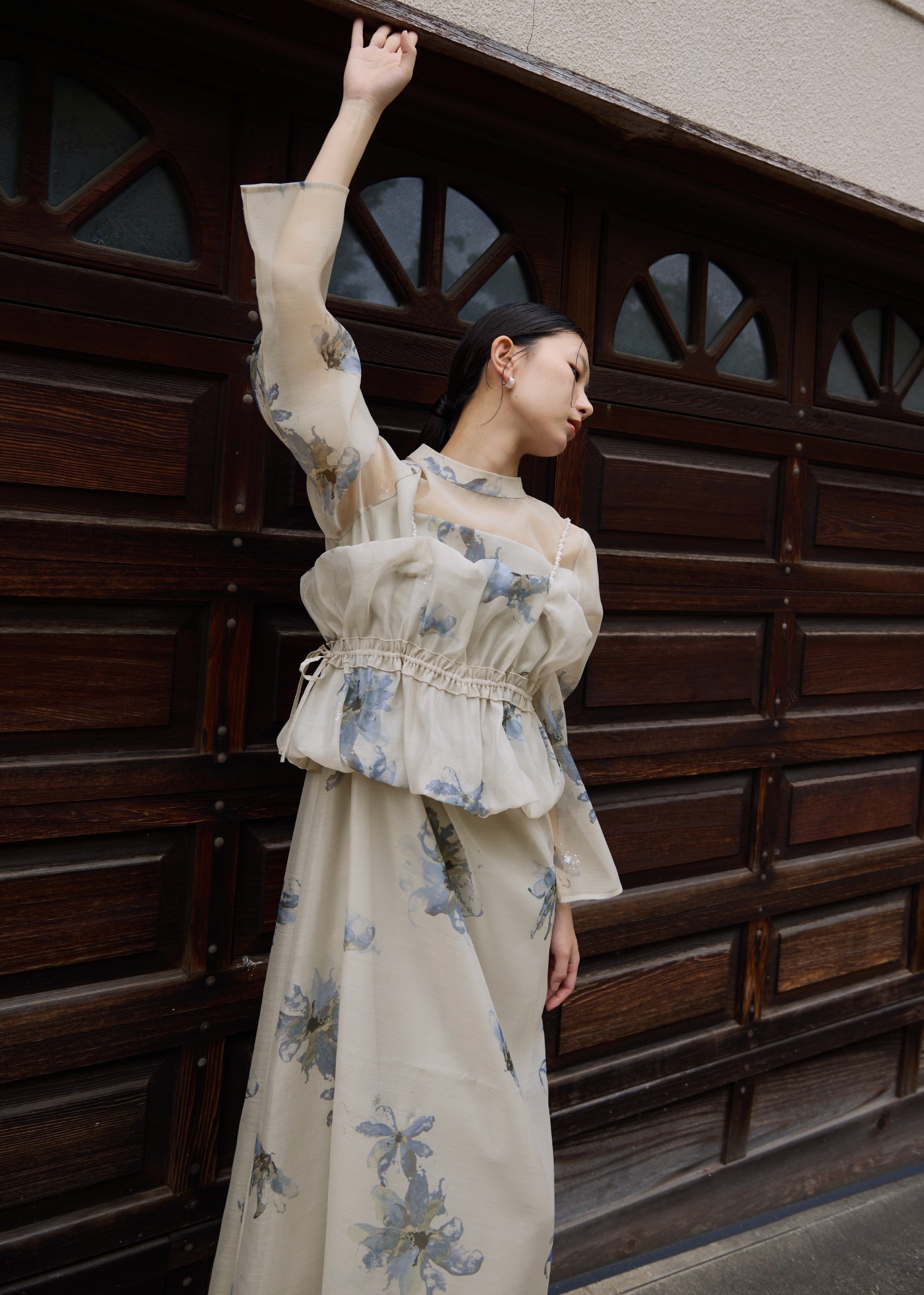 pearl shoulder camisole set original big flower print OP