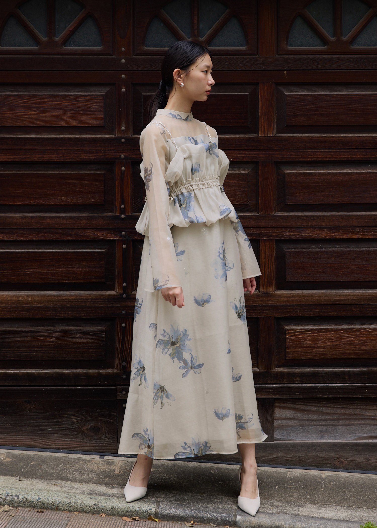 pearl shoulder camisole set original big flower print OP