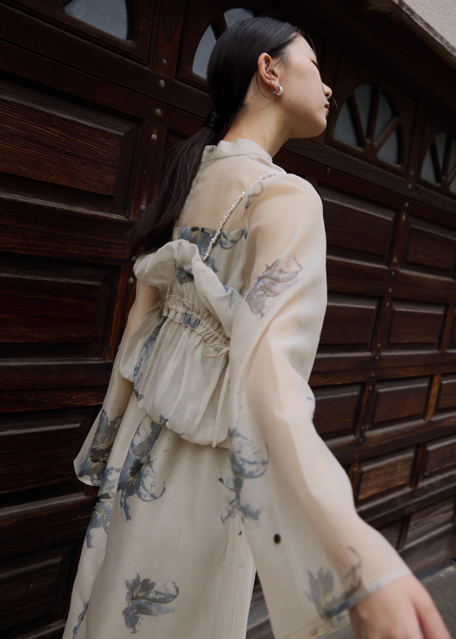 pearl shoulder camisole set original big flower print OP