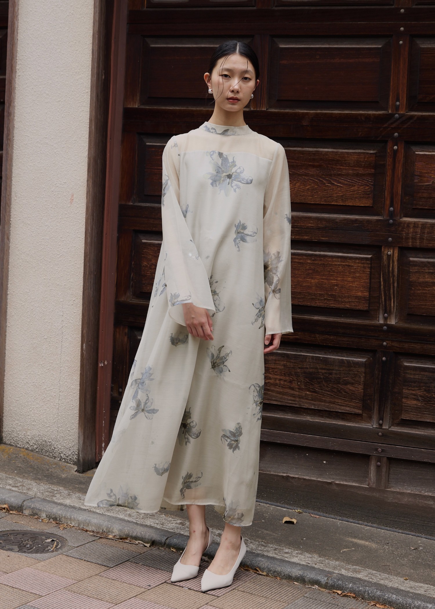 pearl shoulder camisole set original big flower print OP