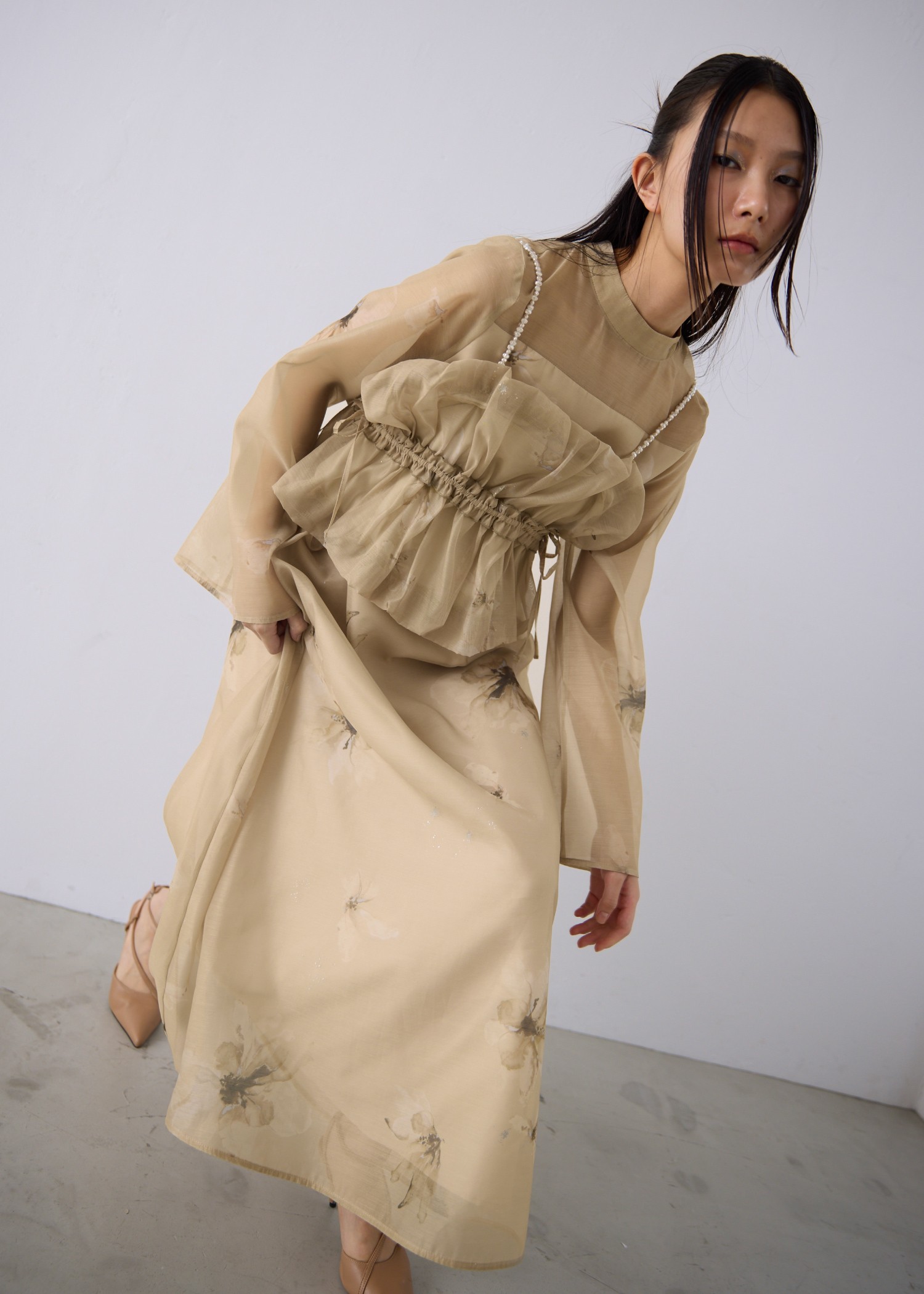 pearl shoulder camisole set original big flower print OP