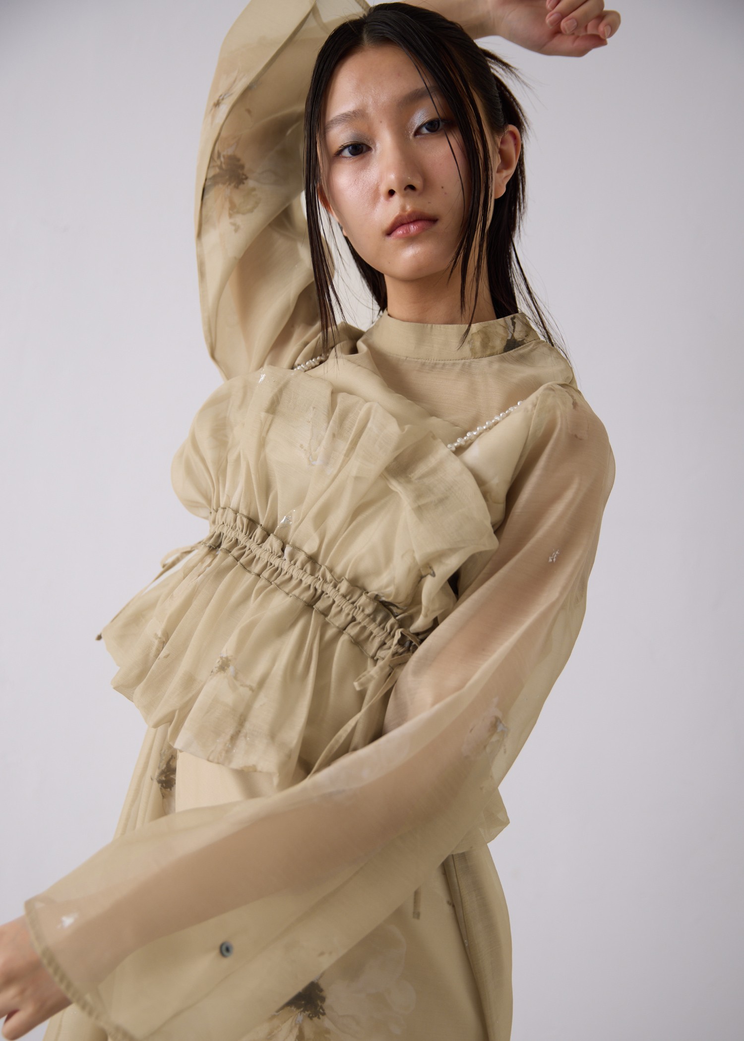 pearl shoulder camisole set original big flower print OP