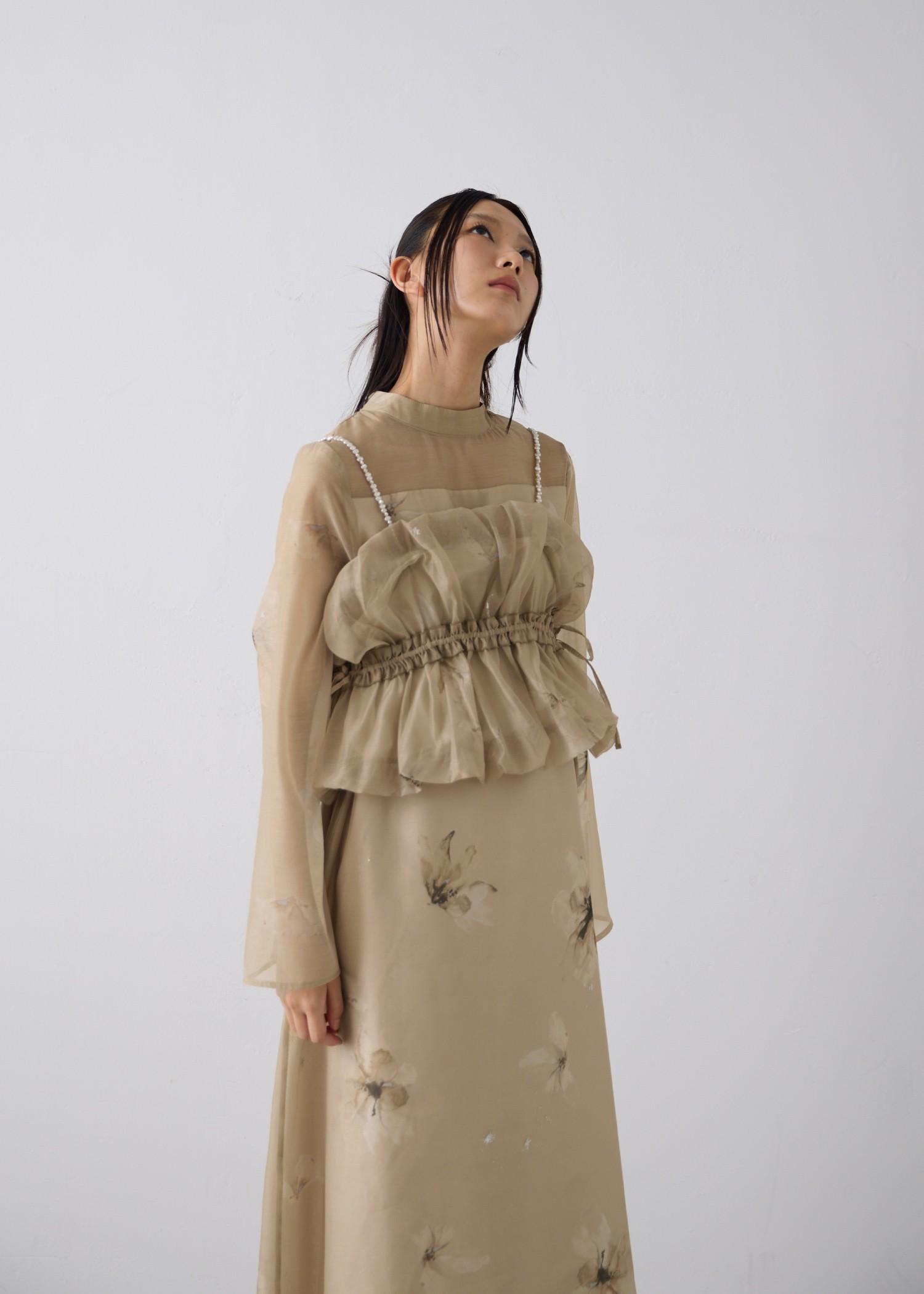 pearl shoulder camisole set original big flower print OP