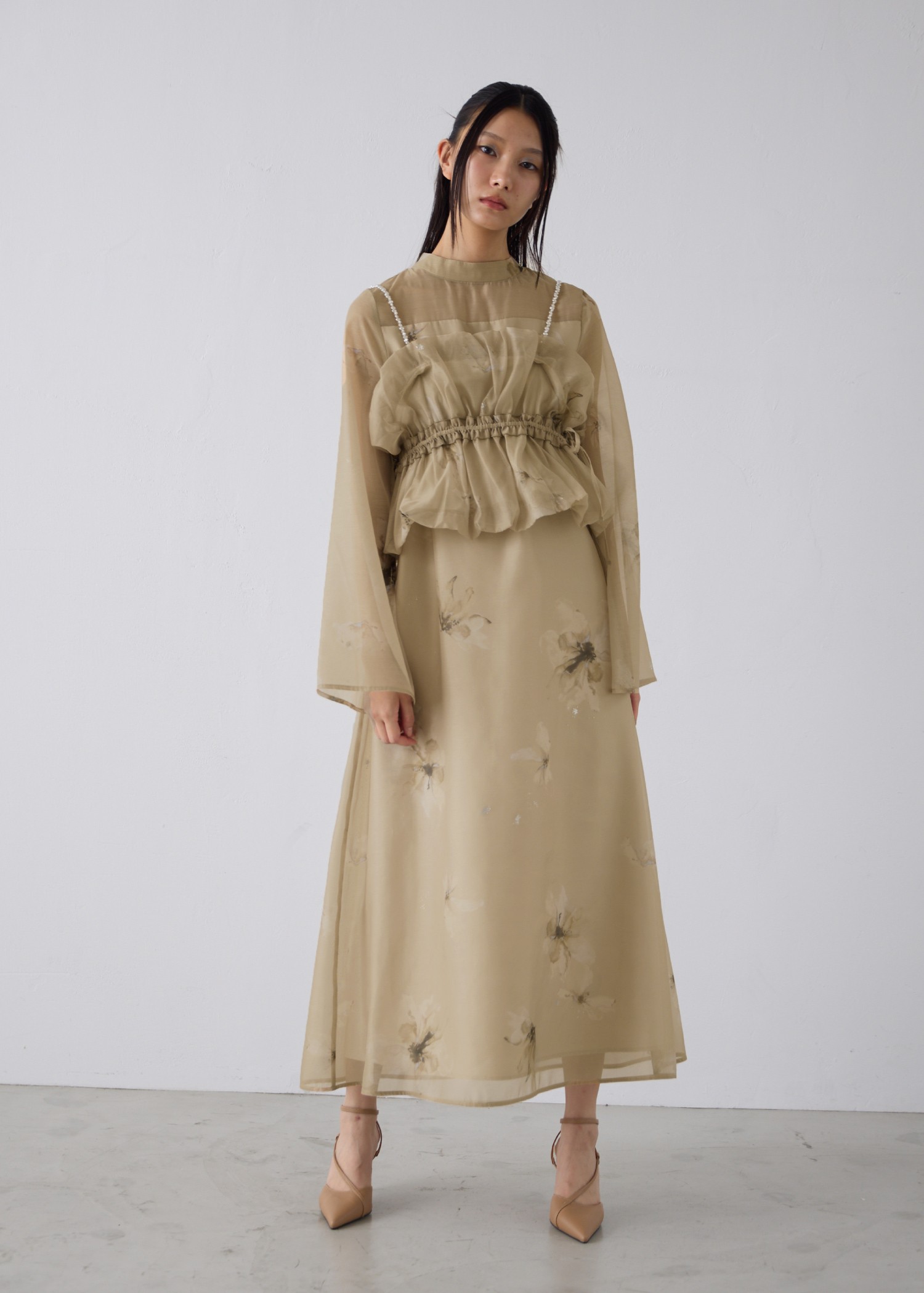 pearl shoulder camisole set original big flower print OP