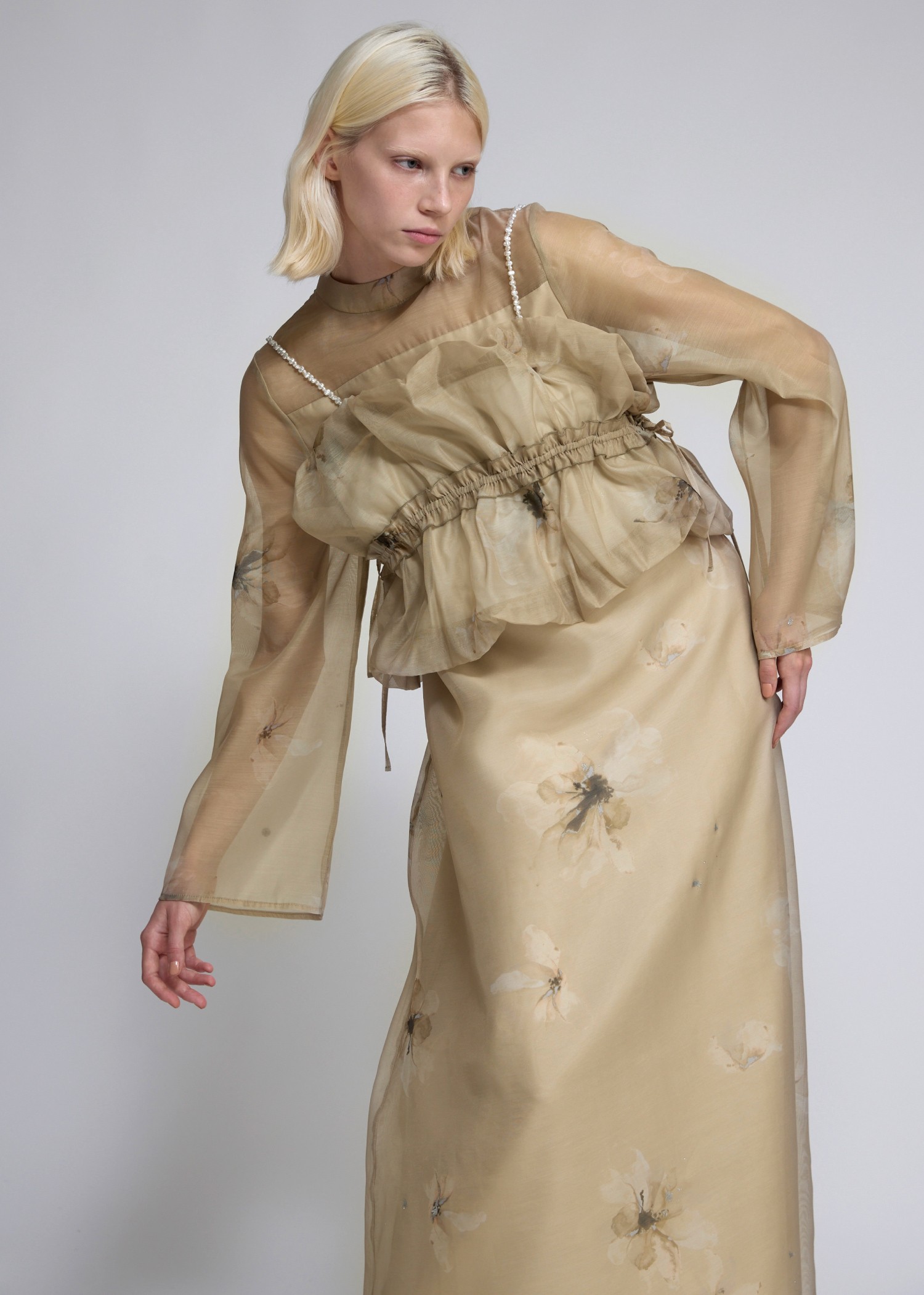 pearl shoulder camisole set original big flower print OP