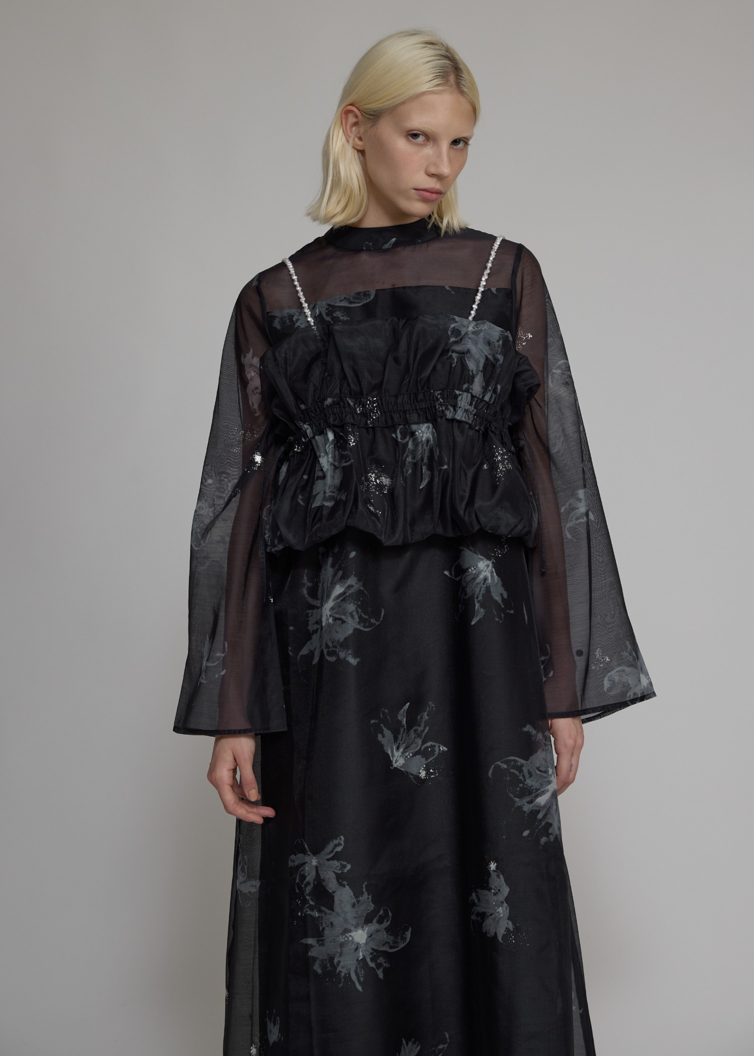 pearl shoulder camisole set original big flower print OP