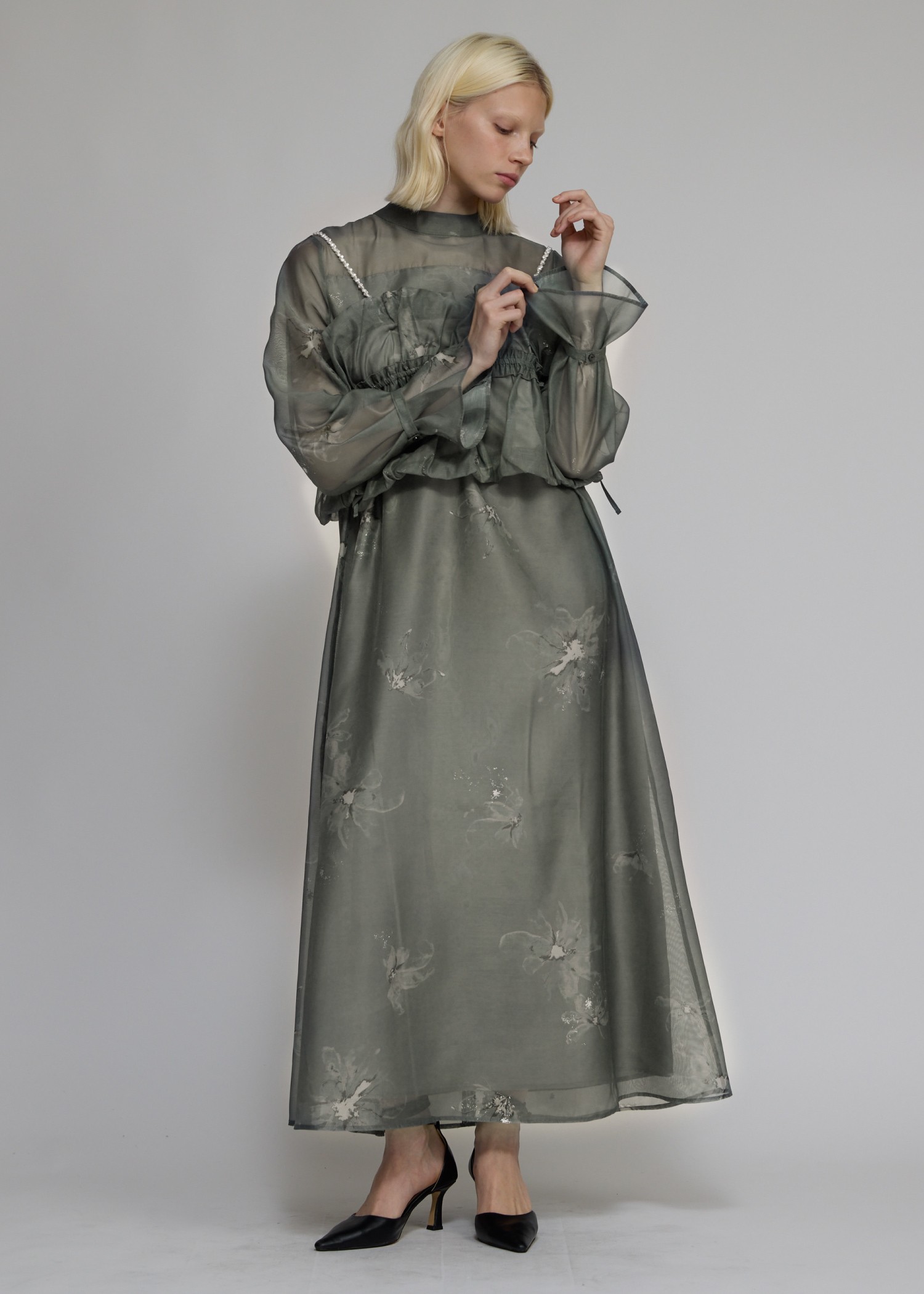 pearl shoulder camisole set original big flower print OP