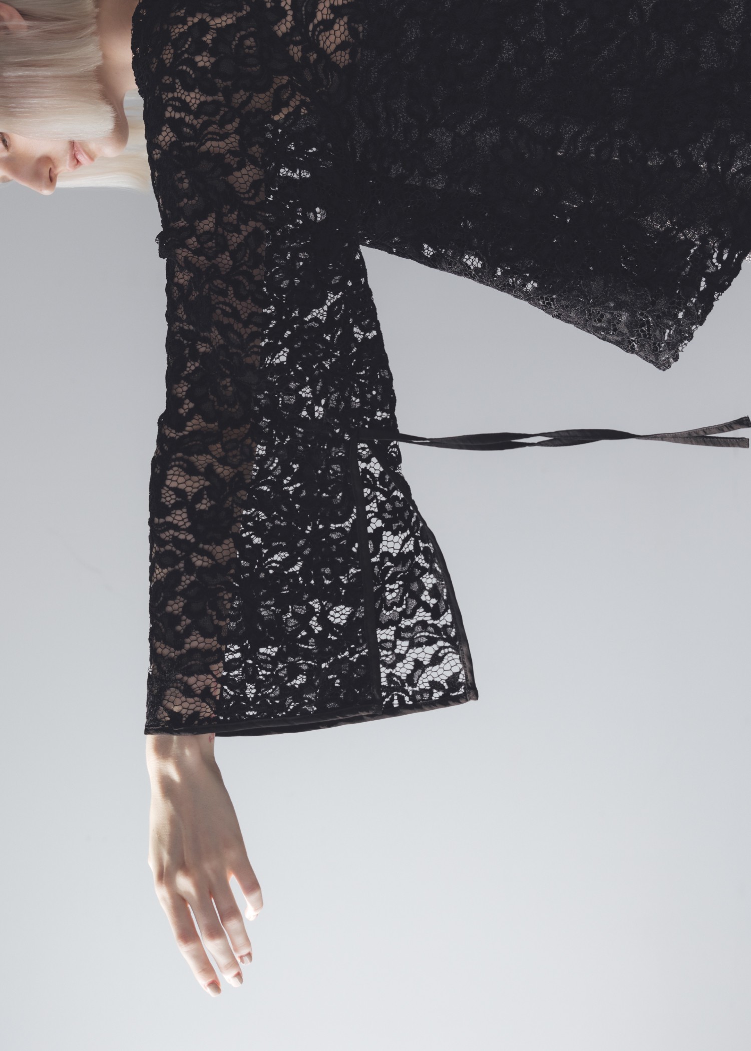 sheer velour lace ribbon sleeve blouse